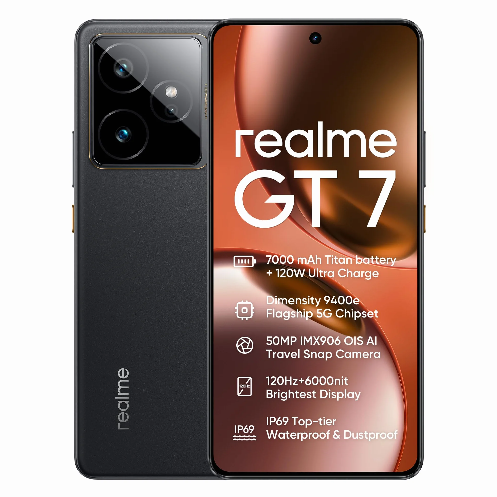 realme GT7 5G Smartfon, 12GB+512GB, flagowy Chipset 5g Dimensity 9400e, Bateria 7000mAh, Ładowanie 120W, Kamera 50MP IMX906 OIS, Wyświetlacz 120Hz 6000nit, IP69, Czarny rr(bez adaptera)