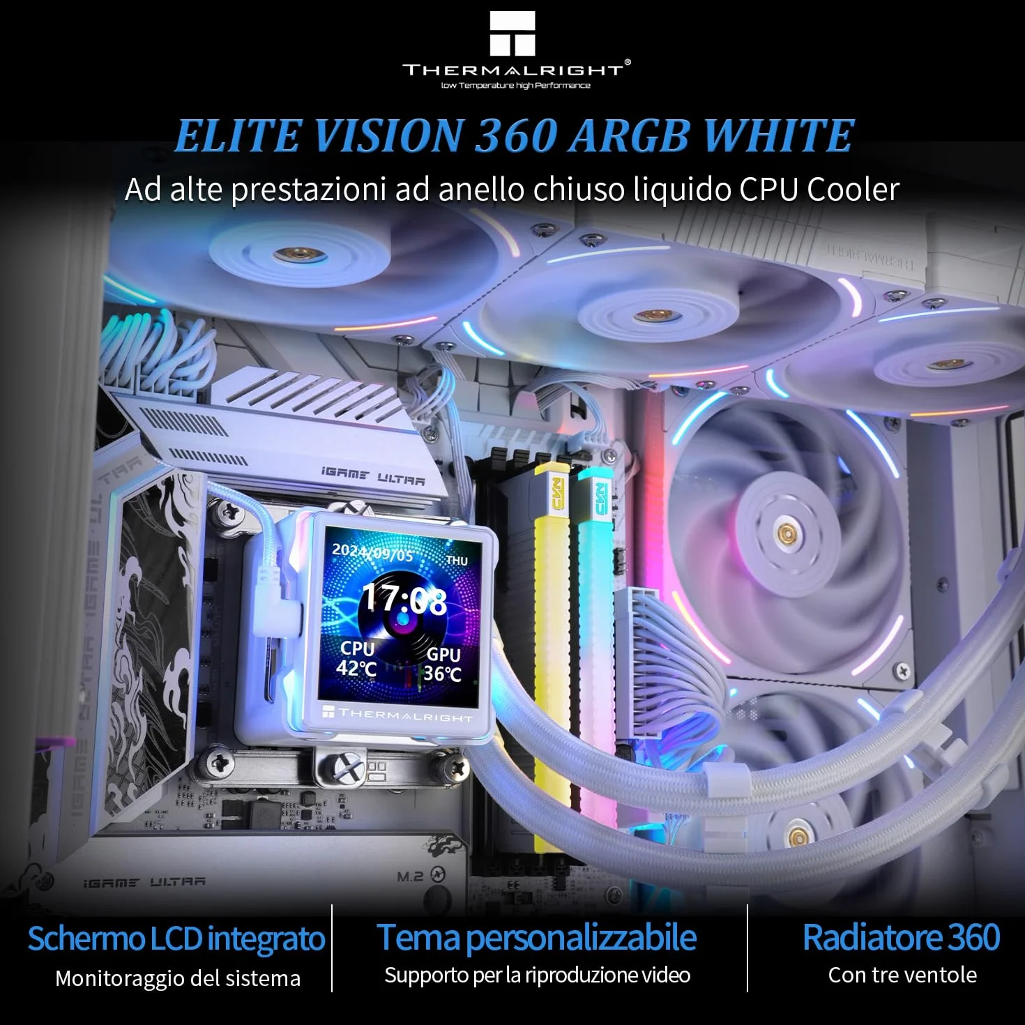 TR Elite Vision 360 ARGB biały chłodnica wody CPU z wentylatorem PWM, prędkość 2150 obr./min, IPS LCD z rozdzielczością 320 x 320, płynny chłodnica procesora, do wyświetlacza AM5/Intel 1851/1700,2,73