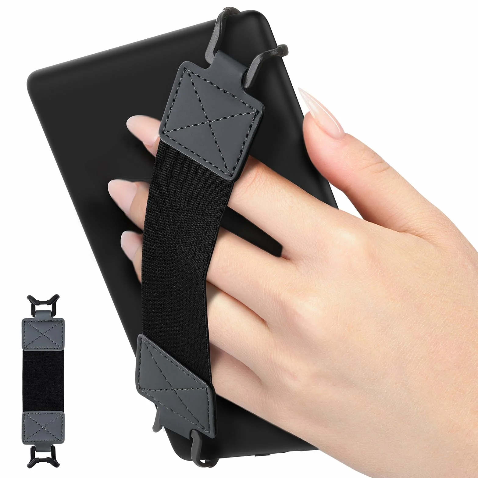 MoKo Security Hand-Strap for 6-8" Kindle eReaderFire Tablet, Kindle/Kobo/Voyaga/Lenovo/Sony Kindle E-Book Tablet, Elastic Versatile Hand Strap Lightweight Finger Grip Holder, Black Belt, Space Gray