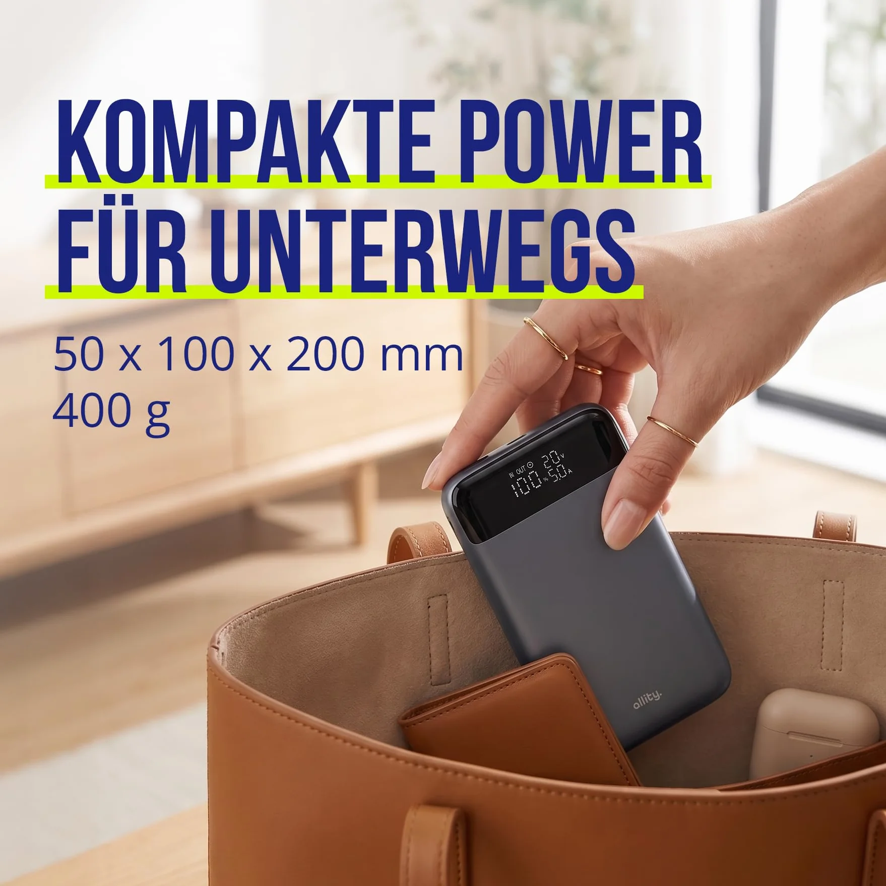 Powerbank 19200 mAh 130 W – USB-C PD & QC szybka ładowarka do laptopa, telefonu komórkowego i tabletu – aluminiowa obudowa, wyświetlacz LCD, kompaktowy, w zestawie kabel 100 W – szary Power
