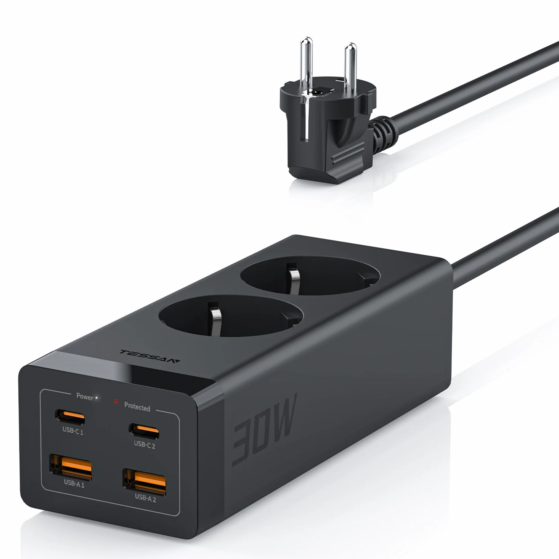 TESSAN 30W Listwa zasilające z USB C, GaN USB-C ładowanie szybkie 2 porty, przedłużacz 2 m i ochrona przed przepięciami, 3600W do biura
