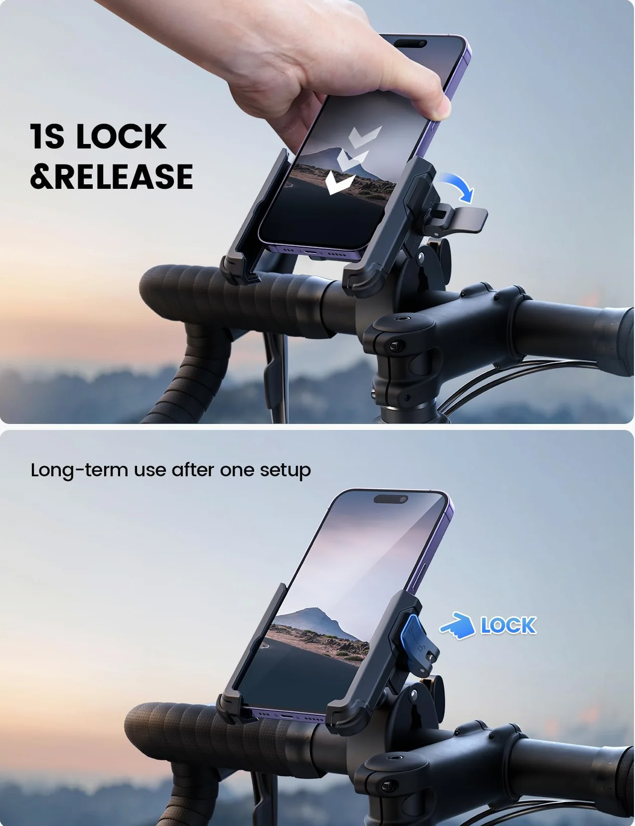 Lamicall Motocyklowy uchwyt na telefon do filmowania - 【1s szybkie zapięcie】Uniwersalny uchwyt na telefon motocyklowy do telefonu iPhone 16 15 14 13 12 Pro Max Plus Mini, Xs XR, Samsung, 4,7-7 cala