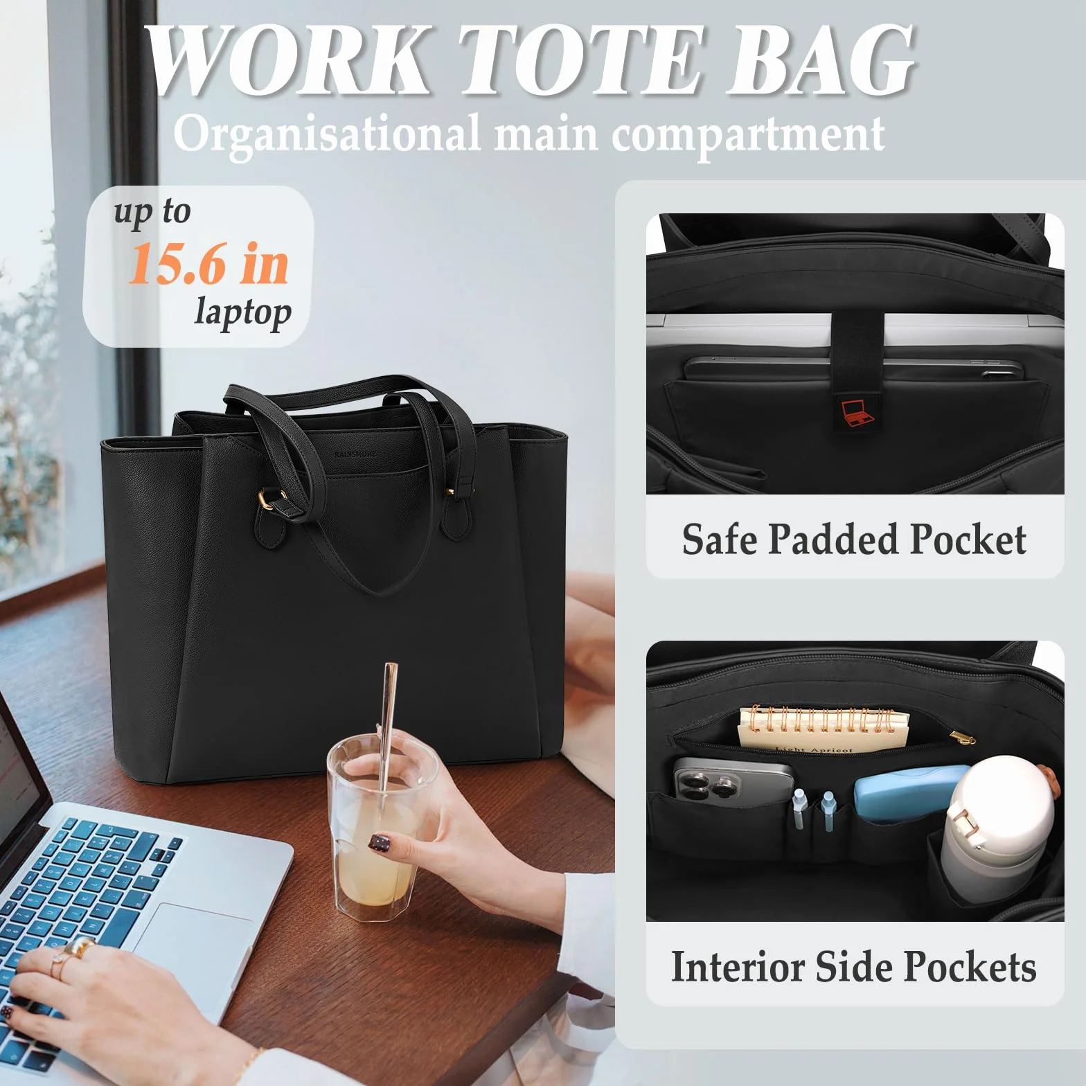 RAINSMORE Torba na laptopa na dużą torebkę 39.6 cm, damska torba na ramię ze skóry PU z portfelem damskim do szkoły, pracy, na zakupy