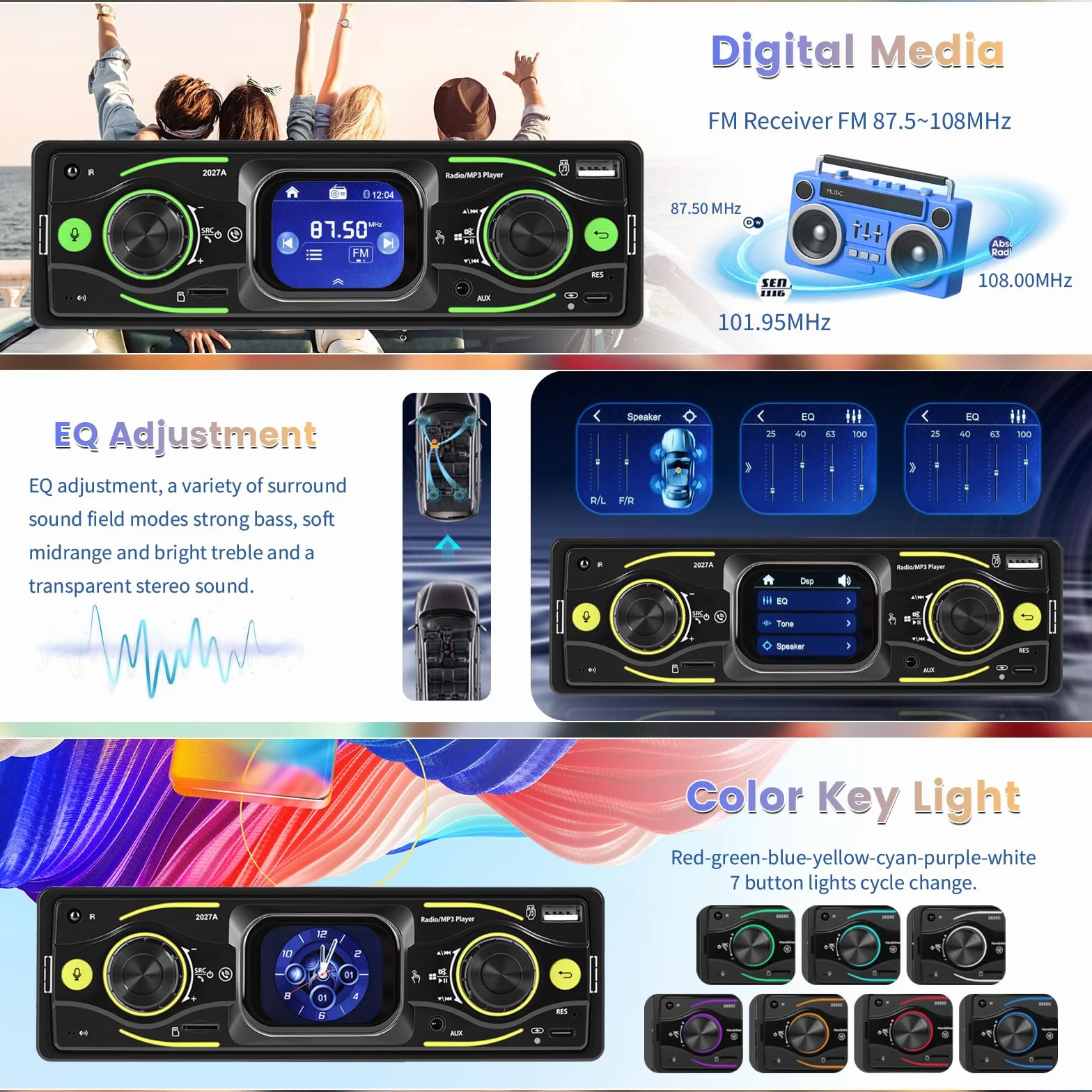Inefala Radio samochodowe 1 DIN, radio 1 DIN z radiem FM, Bluetooth, EQ, SWC, USB-A&C, wejście AUX, złącze kart TF, zestaw głośnomówiący