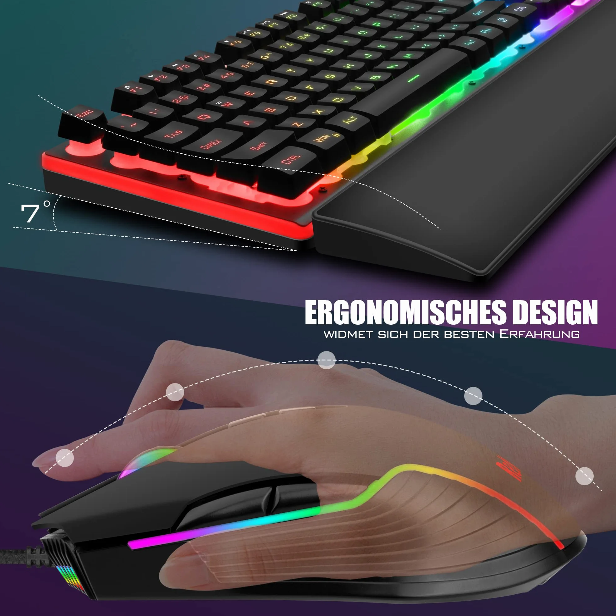 RedThunder K10 zestaw klawiatury i myszy do gier, układ QWERTZ DE, metalowa płyta i podpórka pod nadgarstek, podświetlenie RGB i ergonomiczna 7D dla graczy PC (czarny)