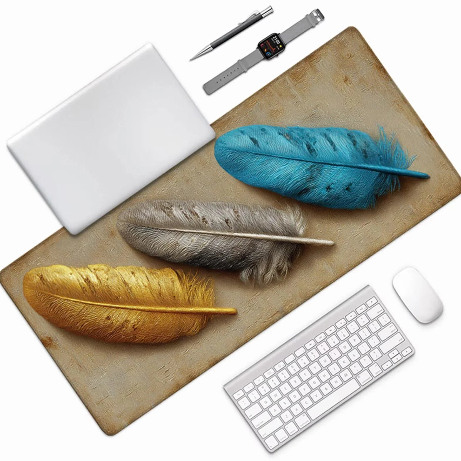 Podkładka gamingowa z piórem, 1200 x 600 x 3 mm, niebieska, podkładka na biurko, duża podkładka pod mysz z antypoślizgową gumową podstawą, podkładka pod mysz XXL z przyszytymi krawędziami, akcesoria