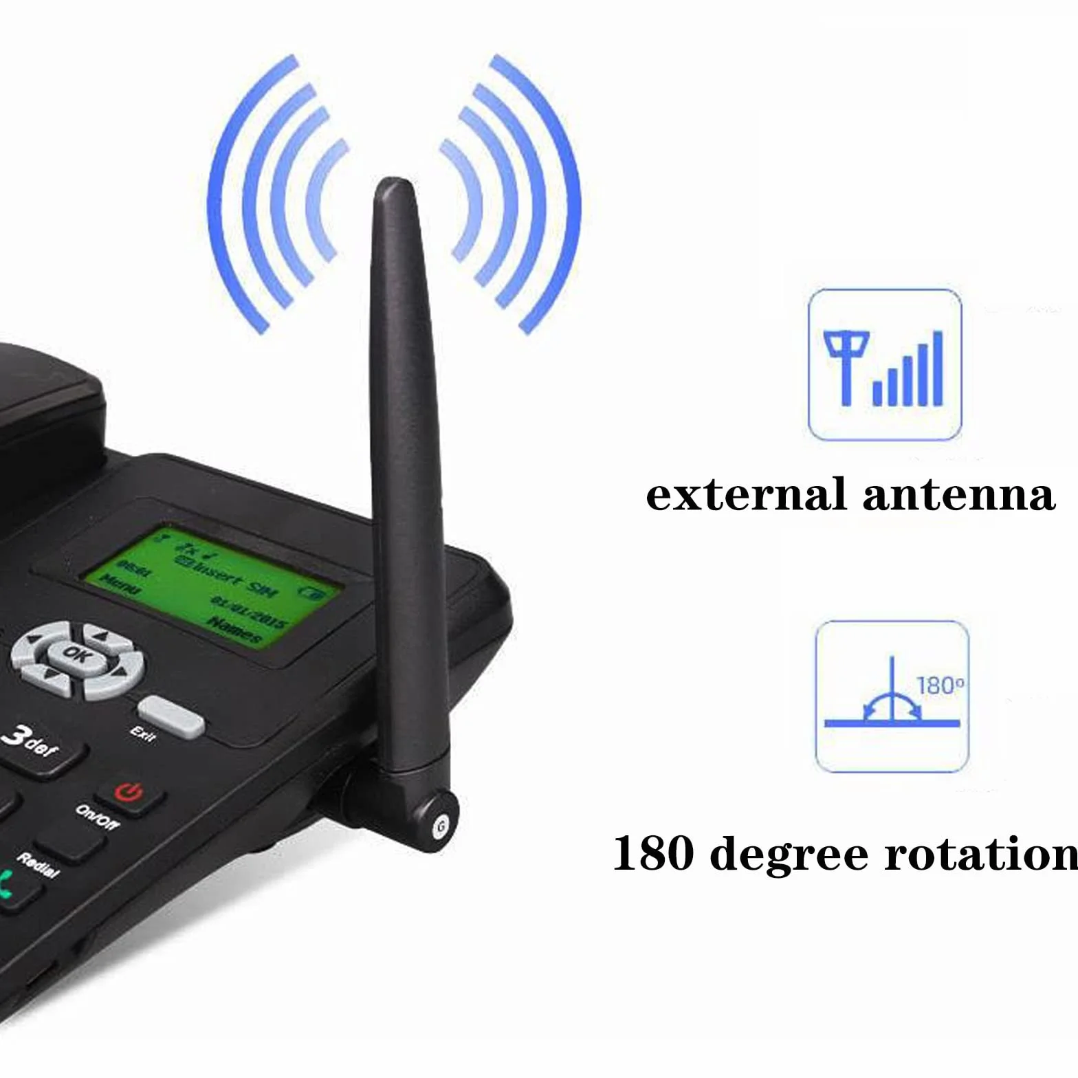 IBOWZ Telefon przewodowy na biurko bezprzewodowy czterozakresowy telefon biurkowy GSM, telefon stacjonarny z gniazdem na kartę SIM, wyświetlacz LCD data/godzina/siła sygnału/pojemność baterii, do