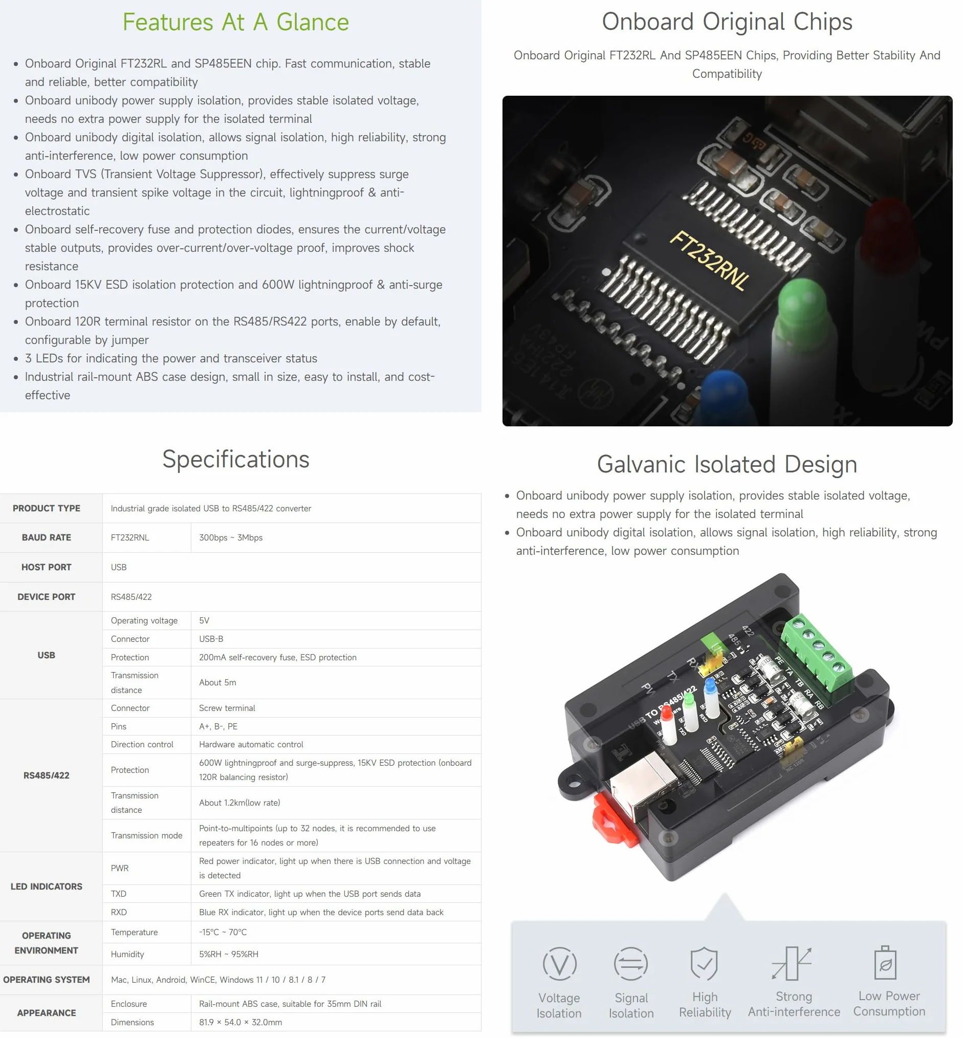 Waveshare USB to RS485/422, Industrial Grade Isolated Converter, Up to 1200m Long-distance Transmission, Compatible With Mac/Linux/Android/Win11/10/8.1/8/7, Support Wall-Mount & Rail-Mount