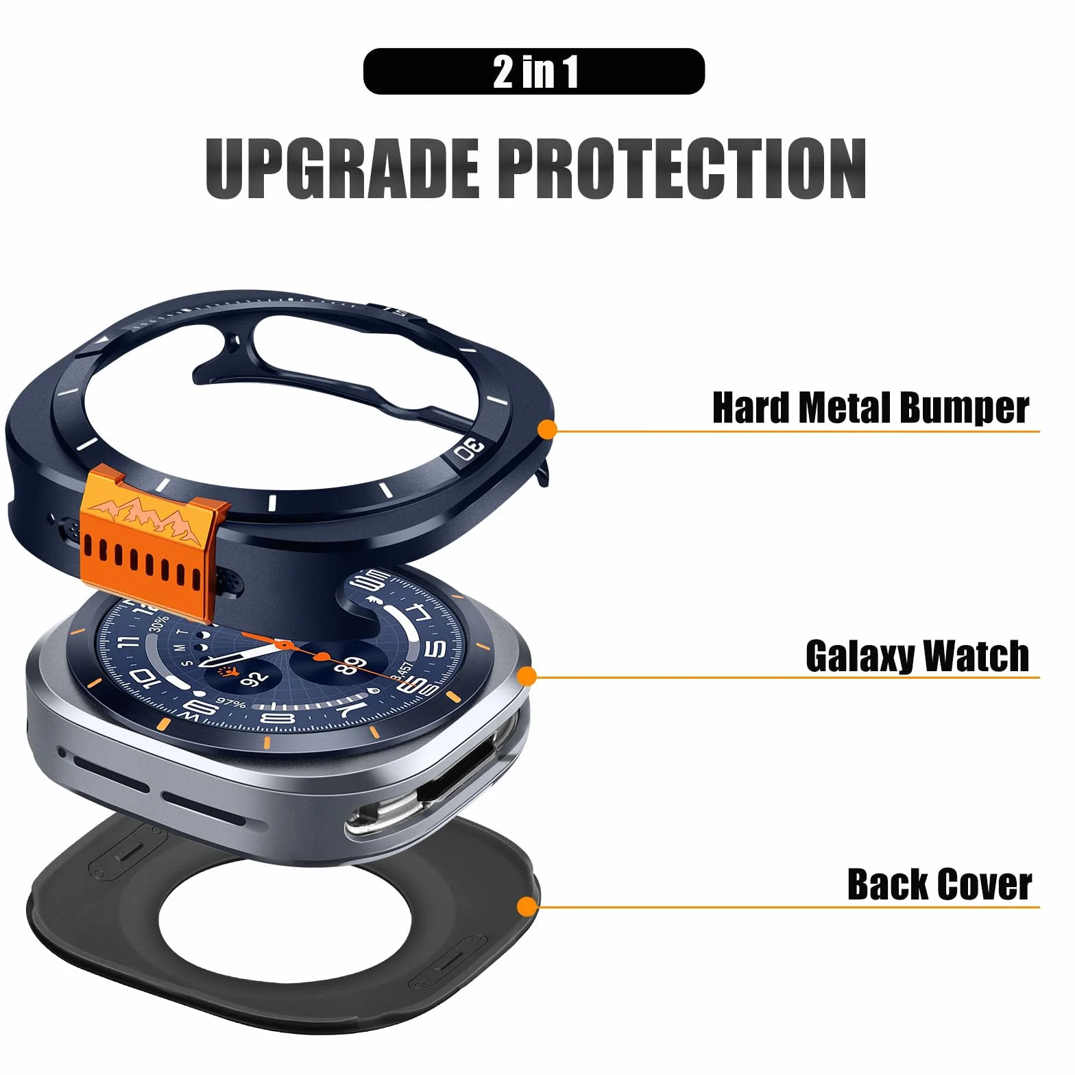 Wytrzymały metalowy futerał kompatybilny z Samsung Galaxy Watch Ultra (2025/2024) 47 mm, metalowa obudowa ochronna z tylną klapką do Galaxy Watch 7/8 Ultra, niebieski/biały