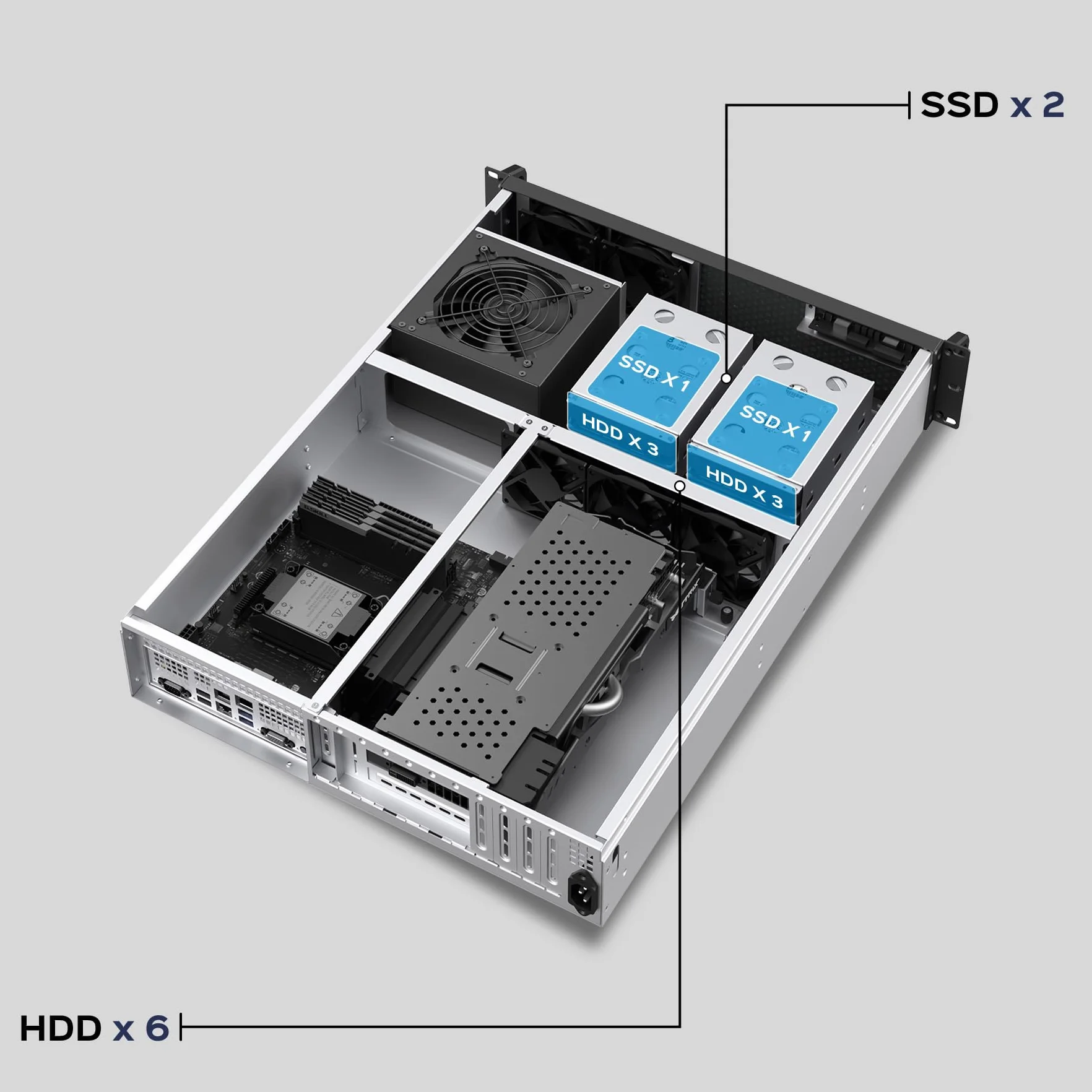 Box Rack 19" 2U 600 mm ATX Unykach UK2130 – profesjonalna podwozie serwerowe, 6 kieszeni (4 x 3,5 + 2 x 2,5), USB-C 3.2, 5 wentylatorów PWM w zestawie, obsługa wysokiej klasy procesorów graficznych