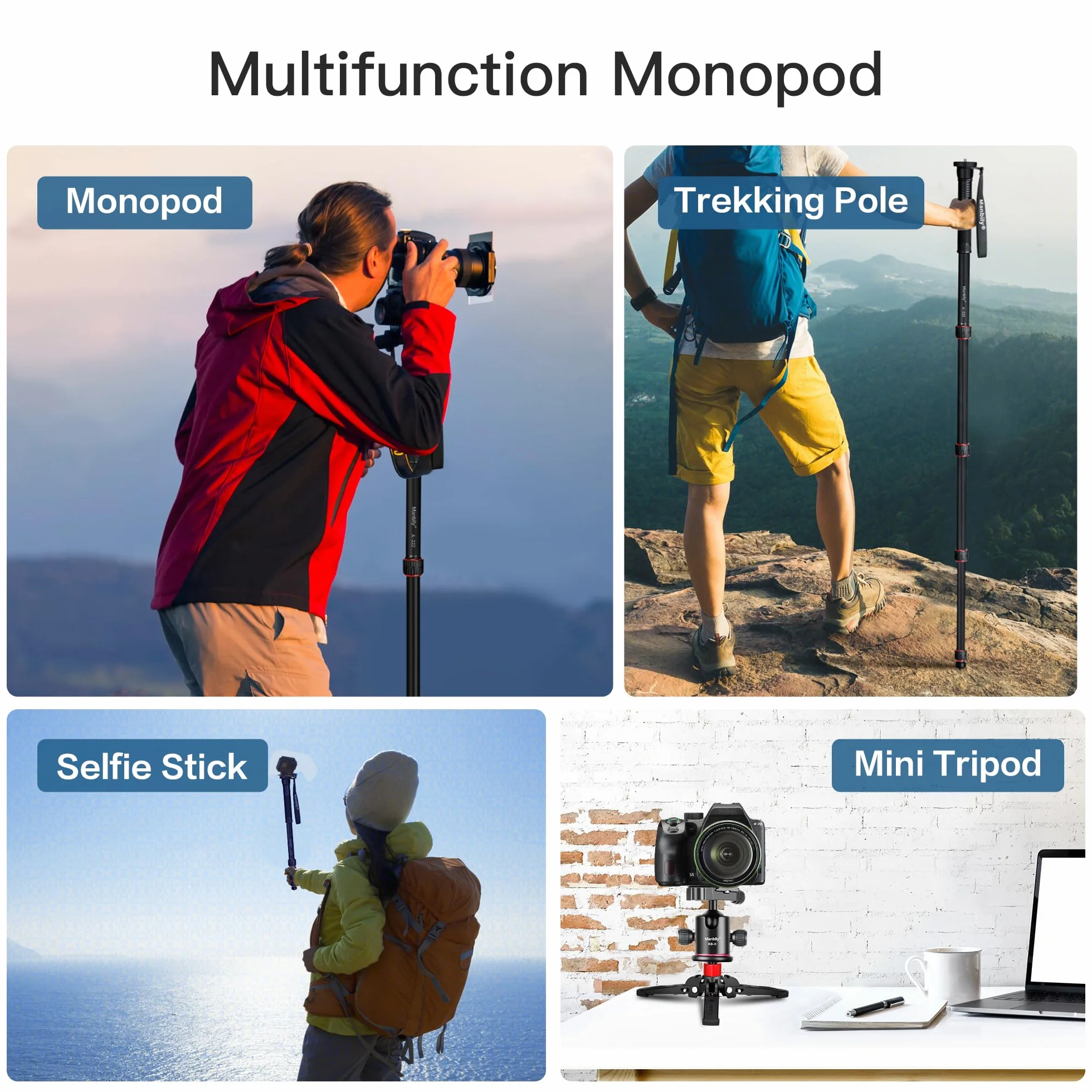 Manbily Wysuwany aluminiowy monopod z nóżkami, przenośny monopod podróżny ze zdejmowaną podstawą statywu do kamery wideo DSLR Canon Nikon Sony, 5 sekcji, do 170 cm, maksymalne obciążenie 7 kg (A-222)