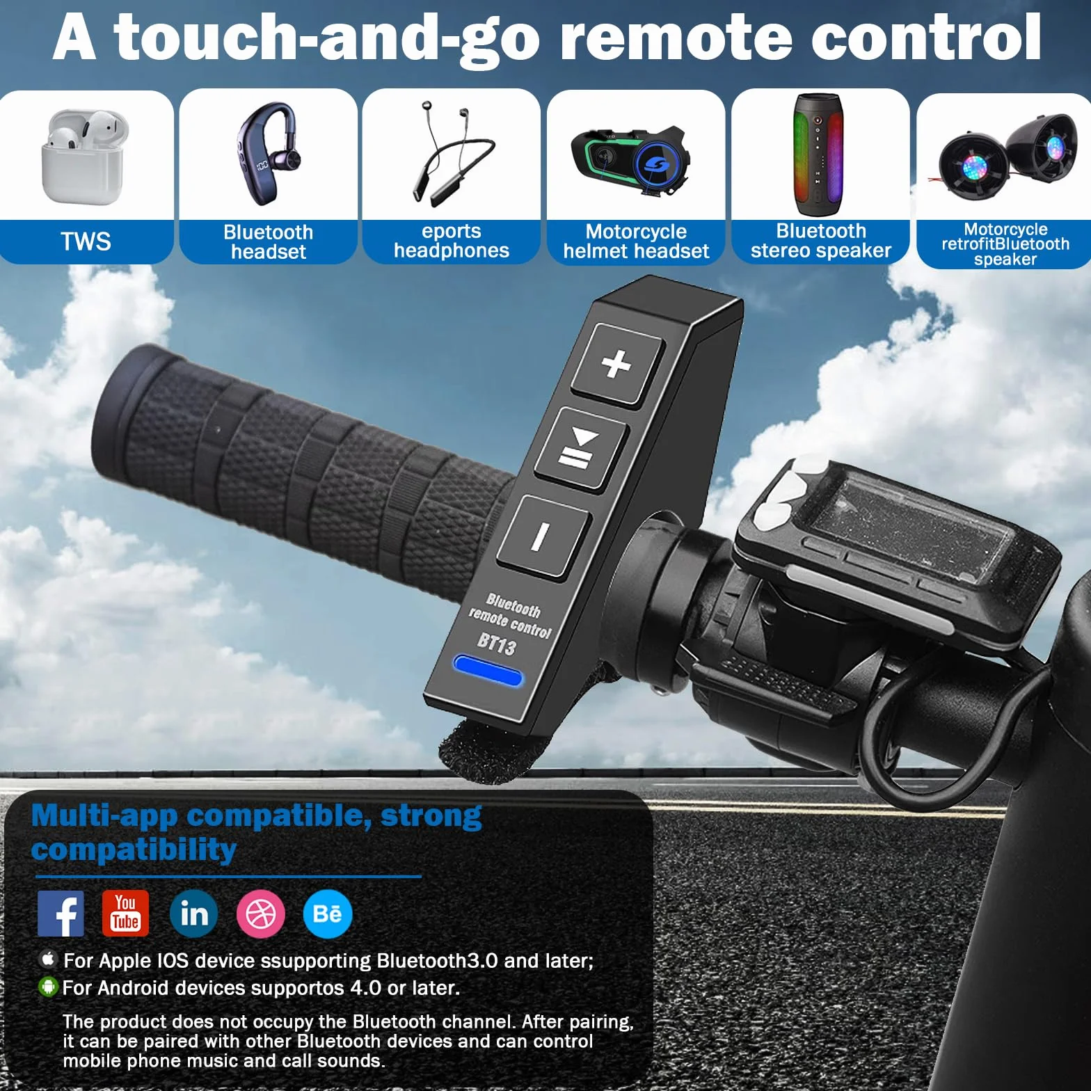 Pilot zdalnego sterowania do kierownicy motocyklowej, BT13 V5.0 Sterowanie przyciskiem kierownicy motocykla, bezprzewodowy pilot zdalnego sterowania Bluetooth do smartfonów (15 M)
