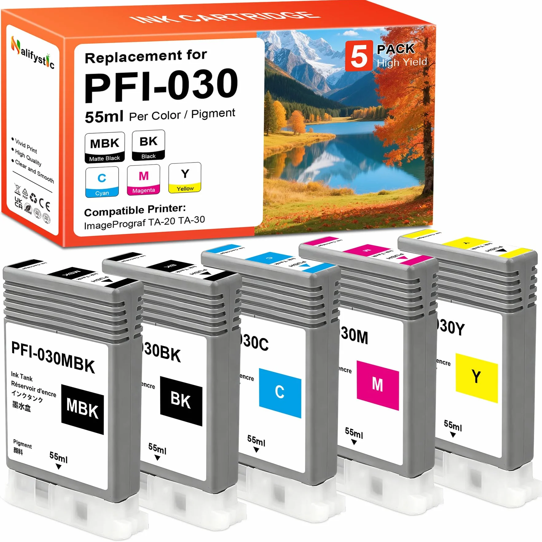 PFI-030 PFI030 wkład atramentowy kompatybilny z PFI-030MBK PFI-030BK PFI-030C PFI-030M PFI-030Y, zamiennik do CAN ImagePrograf TA-20 ImagePrograf TA-30 (5 sztuk, MBK BK C M Y)