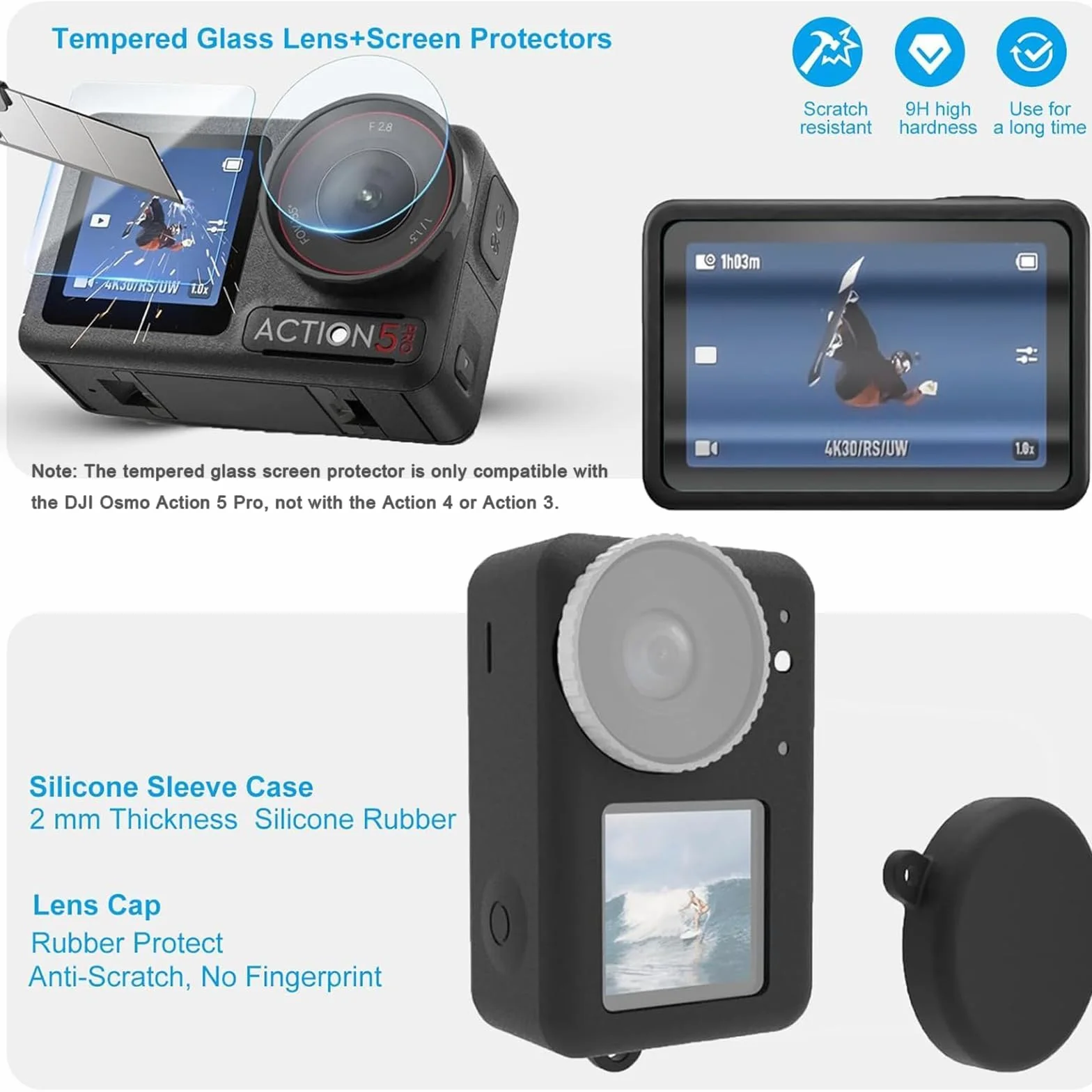 Wodoodporna Obudowa Nurkowania z Pływający uchwyt Etui Ochronne i Folie Szklane Zestaw Akcesoriów Kompatybilny z DJI Osmo Action 5 Pro/Action 4/Action 3 do Snurkowania, Surfingu, Wakeboardu | pływający uchwyt, osłona ochronna, szklana folia ochronna do nu
