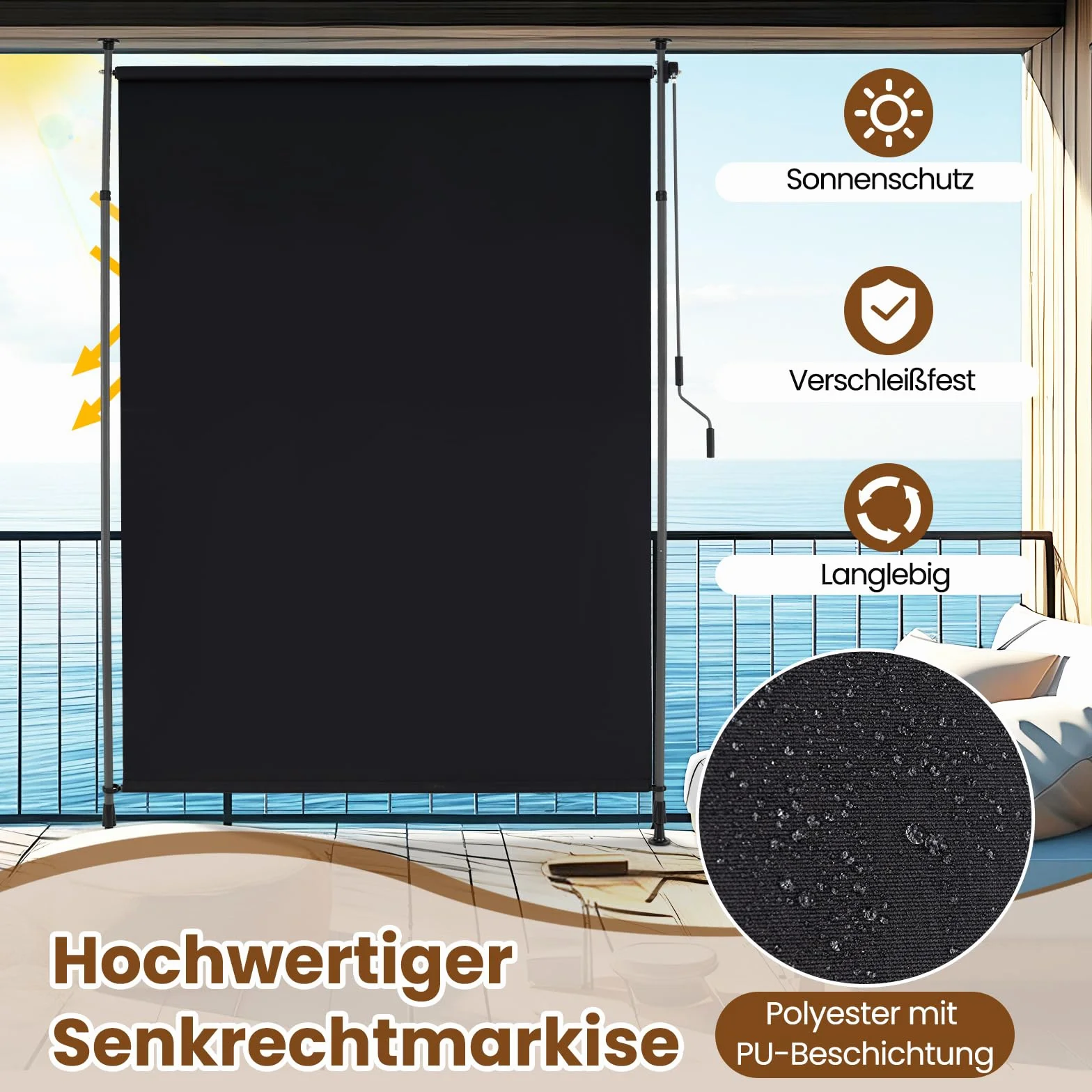 COSTWAY Markiza pionowa zewnętrzna, markiza pionowa, 250 x 220-310 cm, z regulacją wysokości i wysuwana, bez wiercenia, roleta balkonowa z korbą, ochrona przed spojrzeniami, na balkon, taras