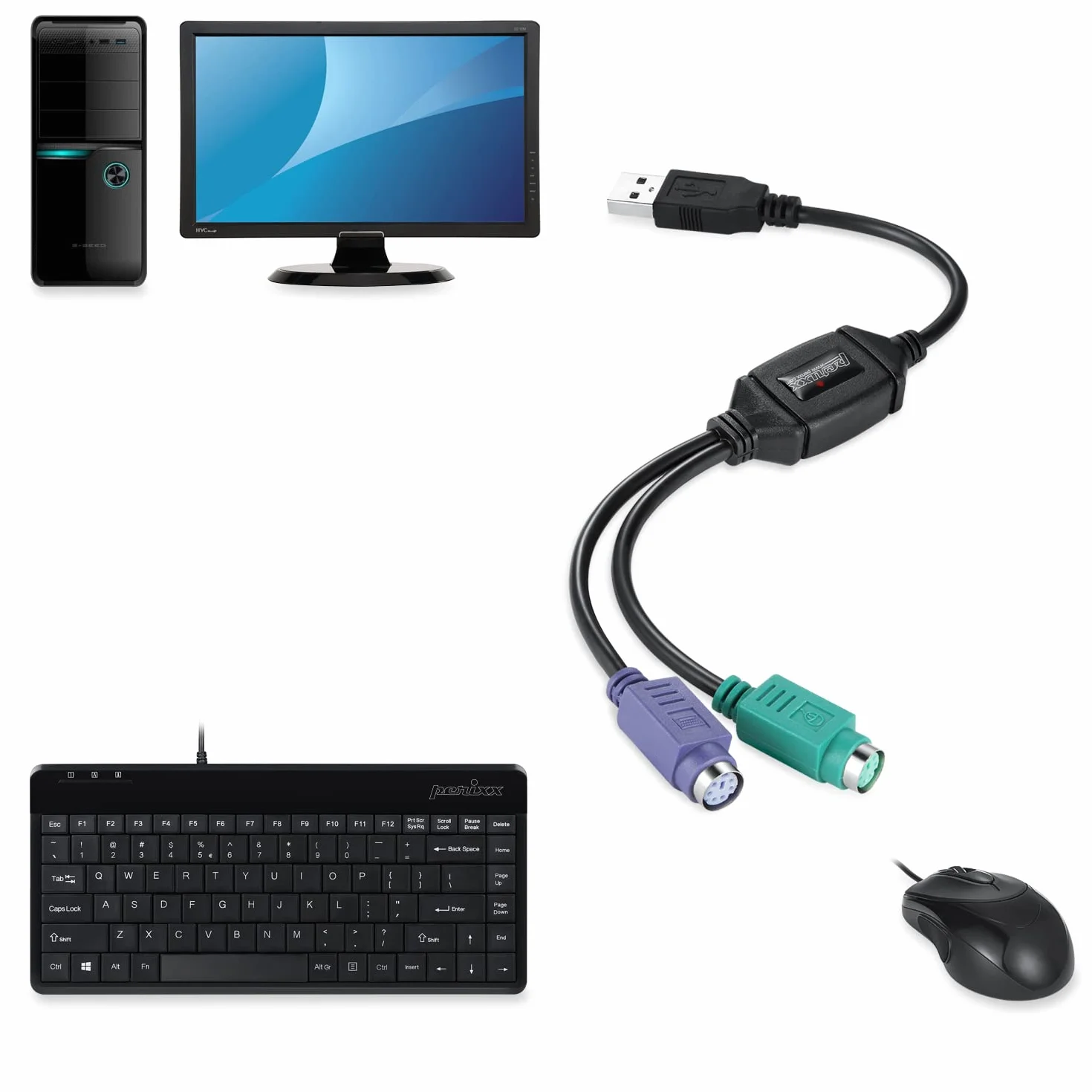 Adapter Perixx PERIPRO-401 PS2 na USB – do klawiatury i myszy z interfejsem PS2, zintegrowany USB-IC