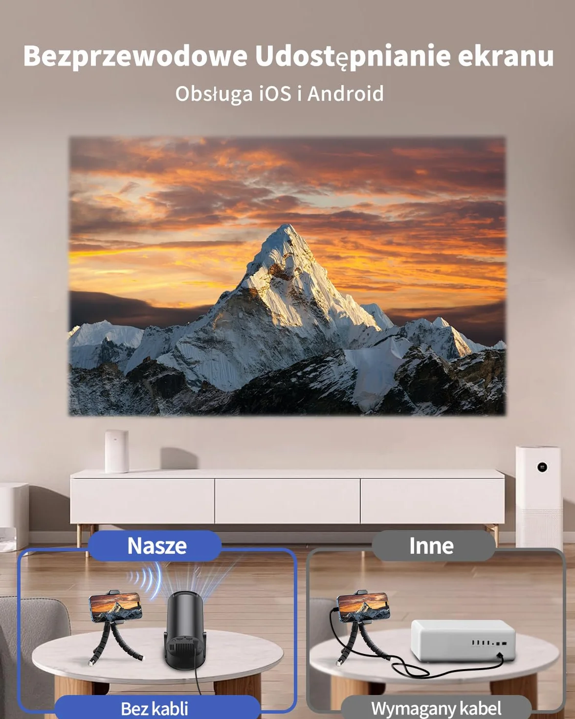 Przenośny rzutnik, Yoton Mini projektor z Wi-Fi 6/Bluetooth 5.4, bezprzewodowe odbicie ekranu (Android i iOS) obsługa 1080p, Auto Keystone, kompatybilny z HDMI, Native 720P, czarny