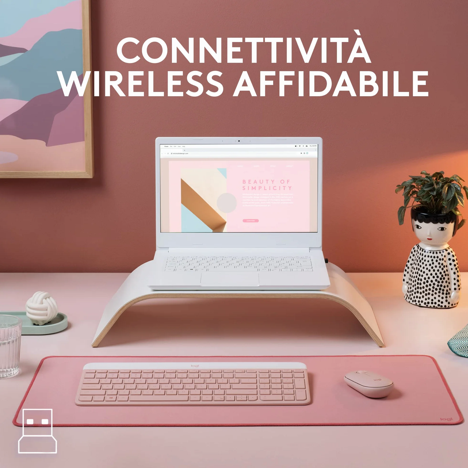 Logitech Klawiatura i Mysz Bezprzewodowa, MK470, Kompaktowy Układ Klawiszy, Cicha, Odbiornik USB 2,4 GHz, Plug n' Play, QWERTY Układ Włoski, Różowy