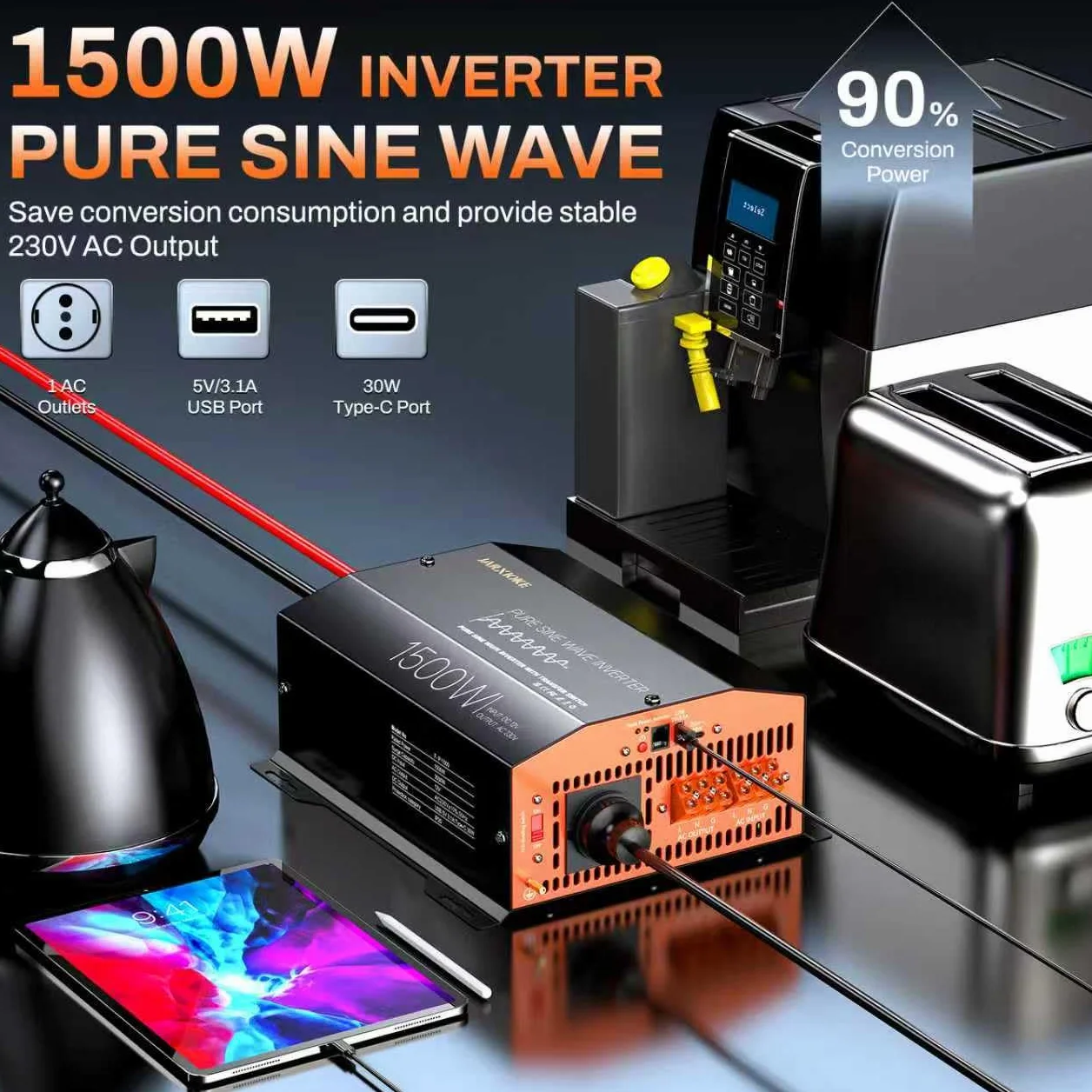 Falownik 12 V na 230 V, czysty sinus 1500 W/3000 W z automatyczną ATS, przełączaniem sieci, LCD i pilotem zdalnego sterowania, do przyczep kempingowych, samochodów ciężarowych, na kemping, zasilanie