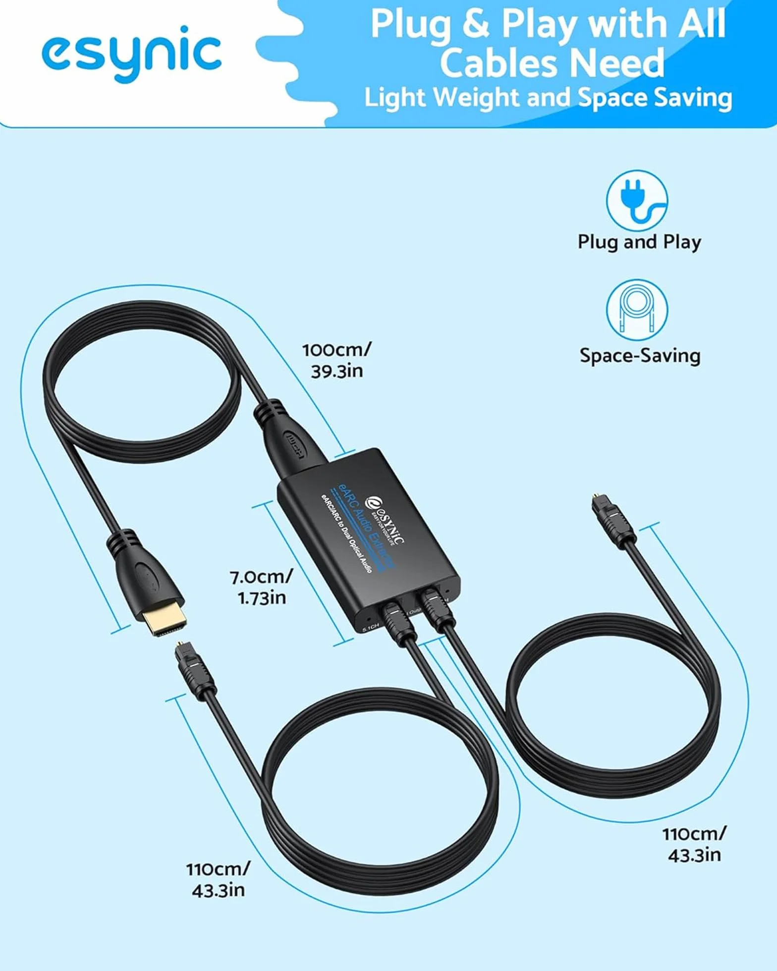 eSynic HDMI do optyczny Extractor Audio z kablem HDMI i SPDIF, obsługa formatu audio 5.1 i 2.0 dla HDTV do SoundBar Słuchawki bezprzewodowe
