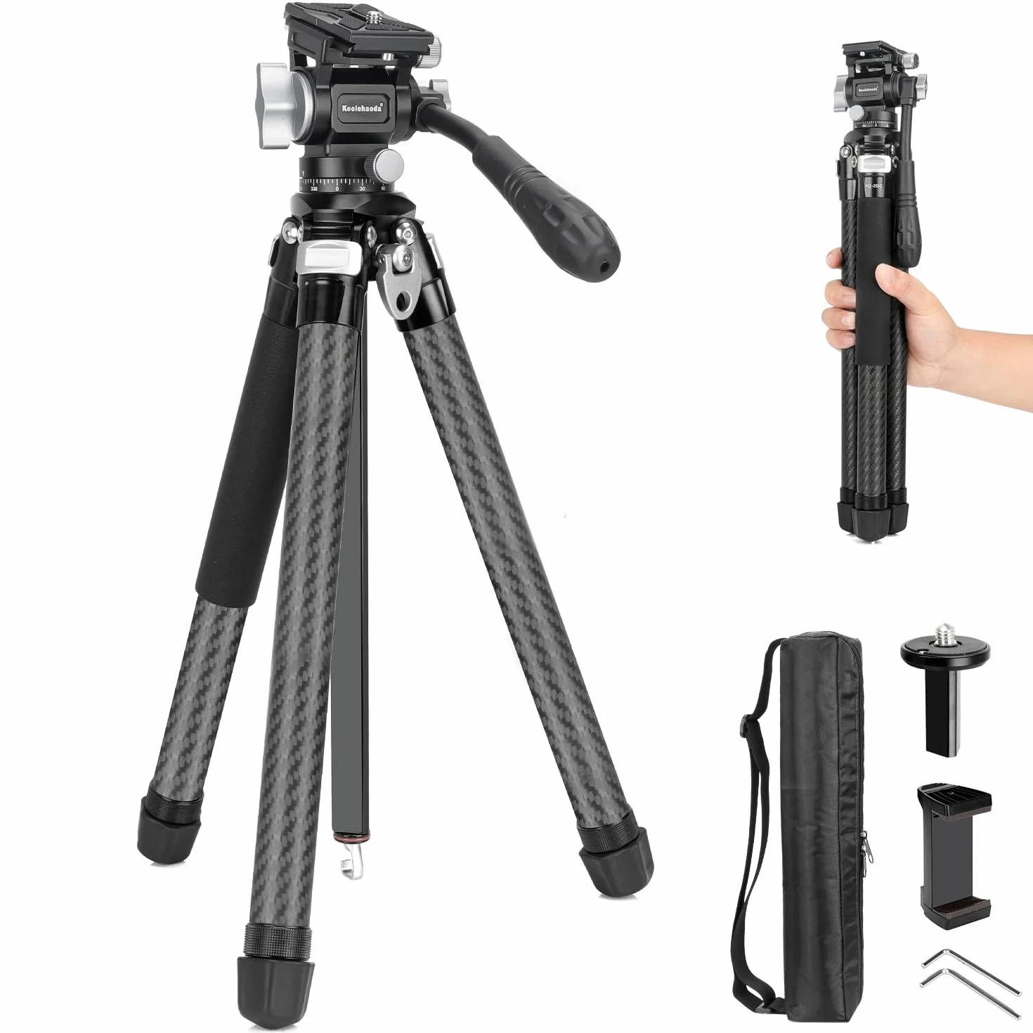 Koolehaoda Statyw do wideopodróży, lekki aluminiowy statyw fotograficzny o długości 160 cm z płynną głowicą panoramiczną 360° i szybkim montażem nóg do podróży, wideo, transmisji na żywo i vlogów