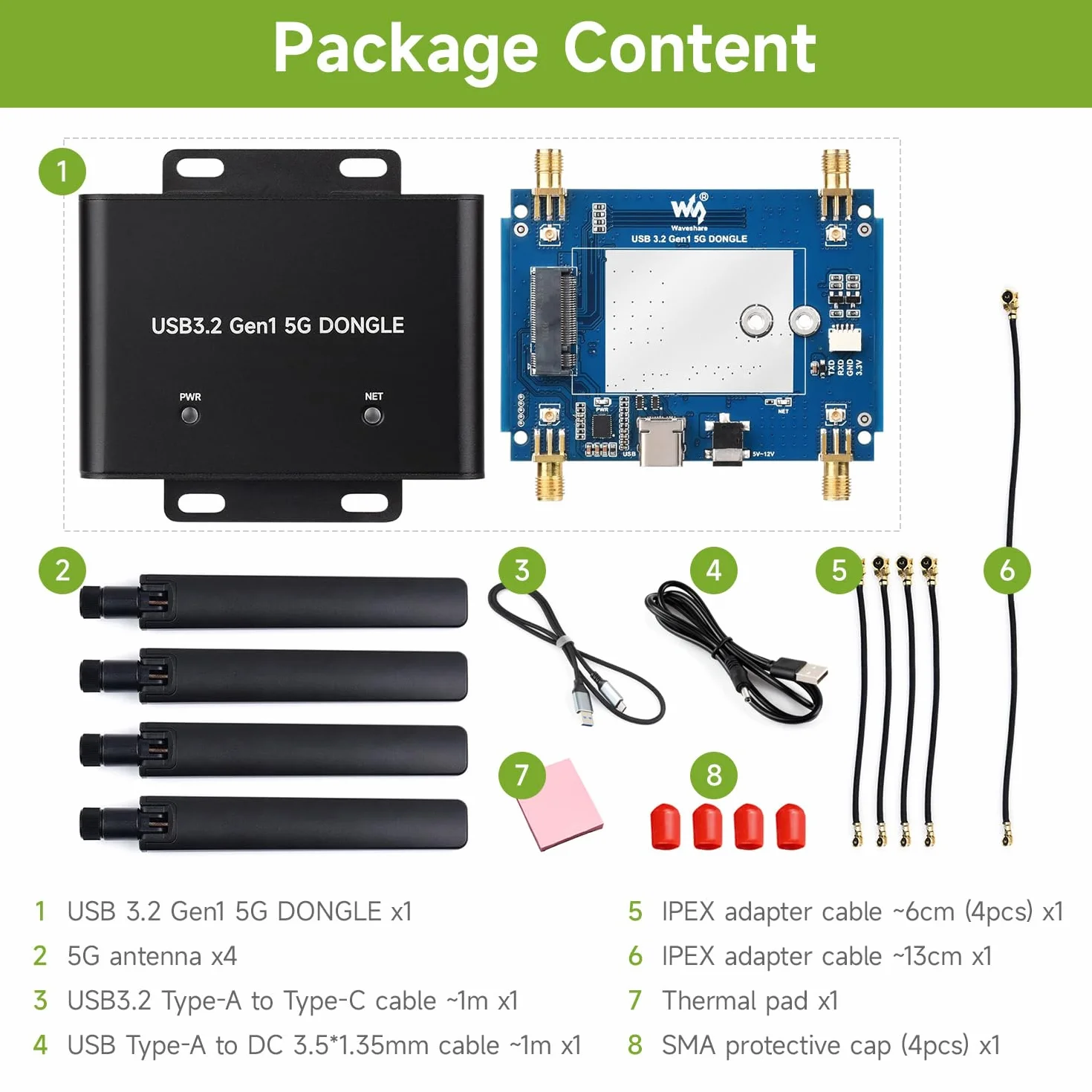 Waveshare 5G DONGLE Expansion Board ONLY, USB 3.2 Port, Aluminum Alloy Case, Quad Antennas, Onboard M.2 Key B Interface, Does NOT Include 5G Module