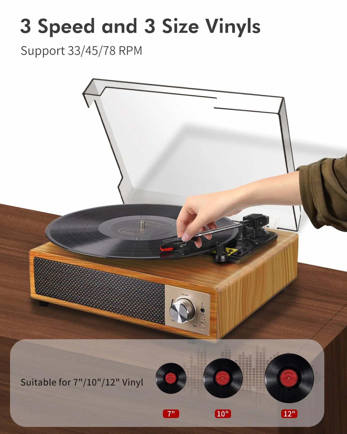 VIFLYKOO Gramofon, Bluetooth 5.4 z 2 Głośnikami Stereo, Bezprzewodowy 3-Biegowy 33/45/78 obr./min, Odtwarzacz Winylowy Obsługuje Wejście Słuchawkowe/Wejście AUX/Wyjście RCA/USB