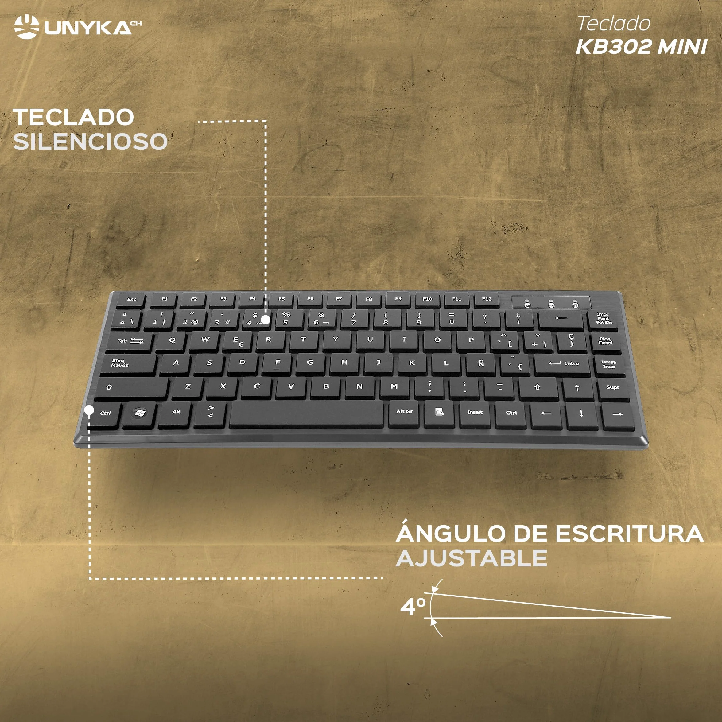 Unykach KB302 Mini Ultra płaska klawiatura - 83 klawisze, cicha membrana, uniwersalna, kompaktowa konstrukcja, matowa czerń, złącze USB, układ QWERTY hiszpański
