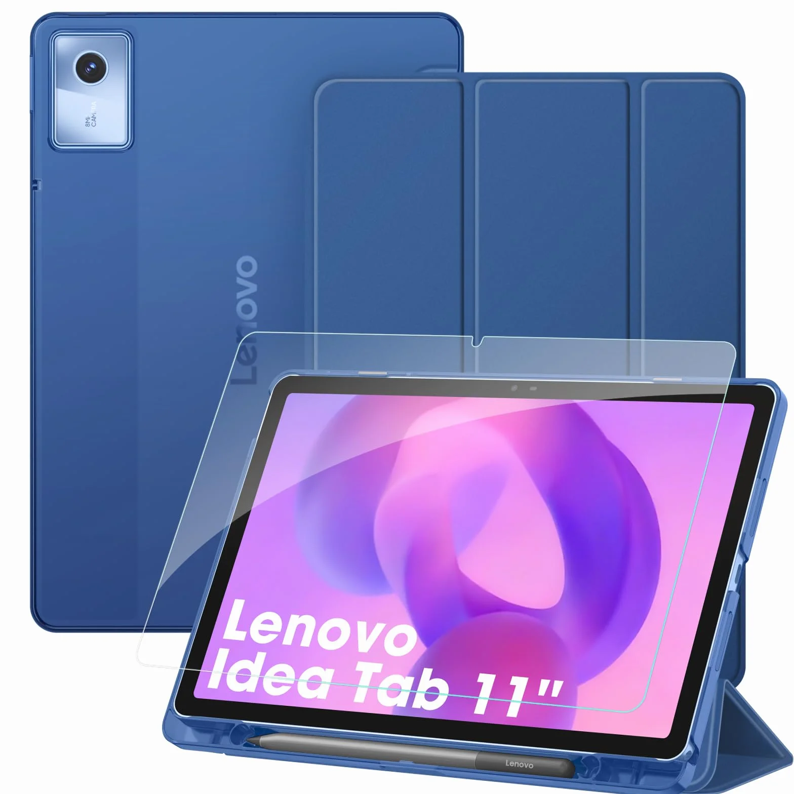 Fintie Etui z folią ochronną do Lenovo Idea Tab 11 cali 2025 (TB-336ZU/ TB-336FU) - ultracienkie etui ochronne z półprzezroczystą tylną stroną z funkcją automatycznego wygaszenia/wybudzania, granatowe