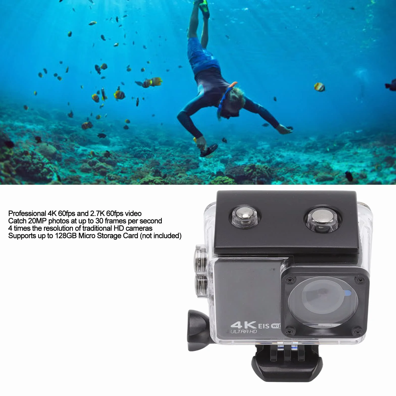 Kamera Sportowa 4K 24M HD, Podwodna Wodoodporna Kamera Sportowa 98FT / 30M Wbudowany Pilot WiFi i Interfejs HDMI, Kamera do Nurkowania ze Stałymi Akcesoriami EIS, do Jazdy na Rowerze, Pływania, Nurkow