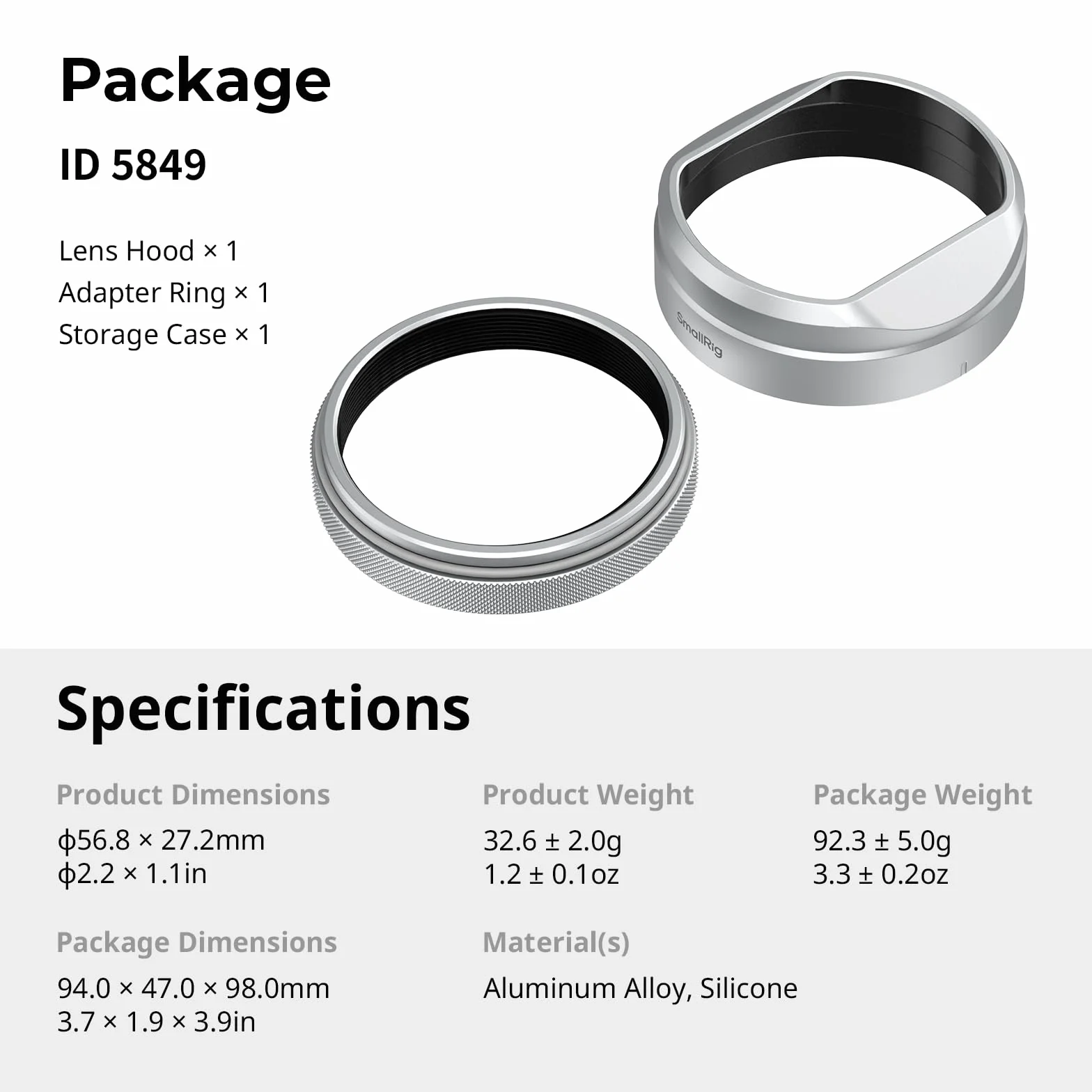 SMALLRIG Osłona Przeciwsłoneczna Obiektywu X100VI, Aparatu Do FUJIFILM X100VI/X100V, Stop Aluminium, Odporna Na Zarysowania, Kompatybilna Z Filtrami, Powłoka Antyodblaskowa, Srebrna - 5849