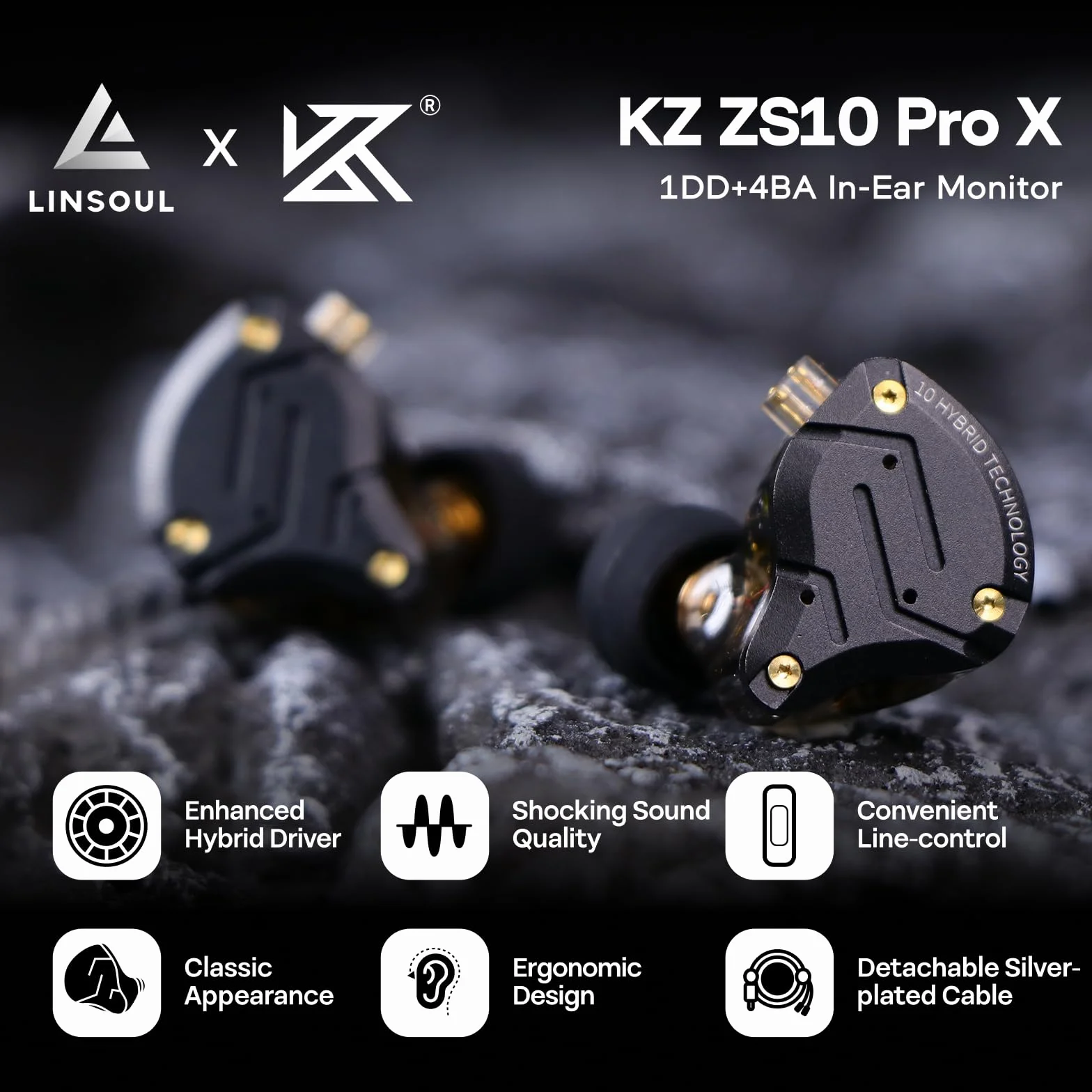 Linsoul KZ ZS10 Pro X Upgraded 1DD+4BA Hybrydowe słuchawki IEM HiFi z frontem ze stopu, odłączany i wpuszczany kabel 2-pinowy dla audiofilskiego muzyka DJ Stage(Bez mikrofonu) | Z płytą czołową ze stopu, odłączany, posrebrzany, wpuszczany 2-pinowy kabel I