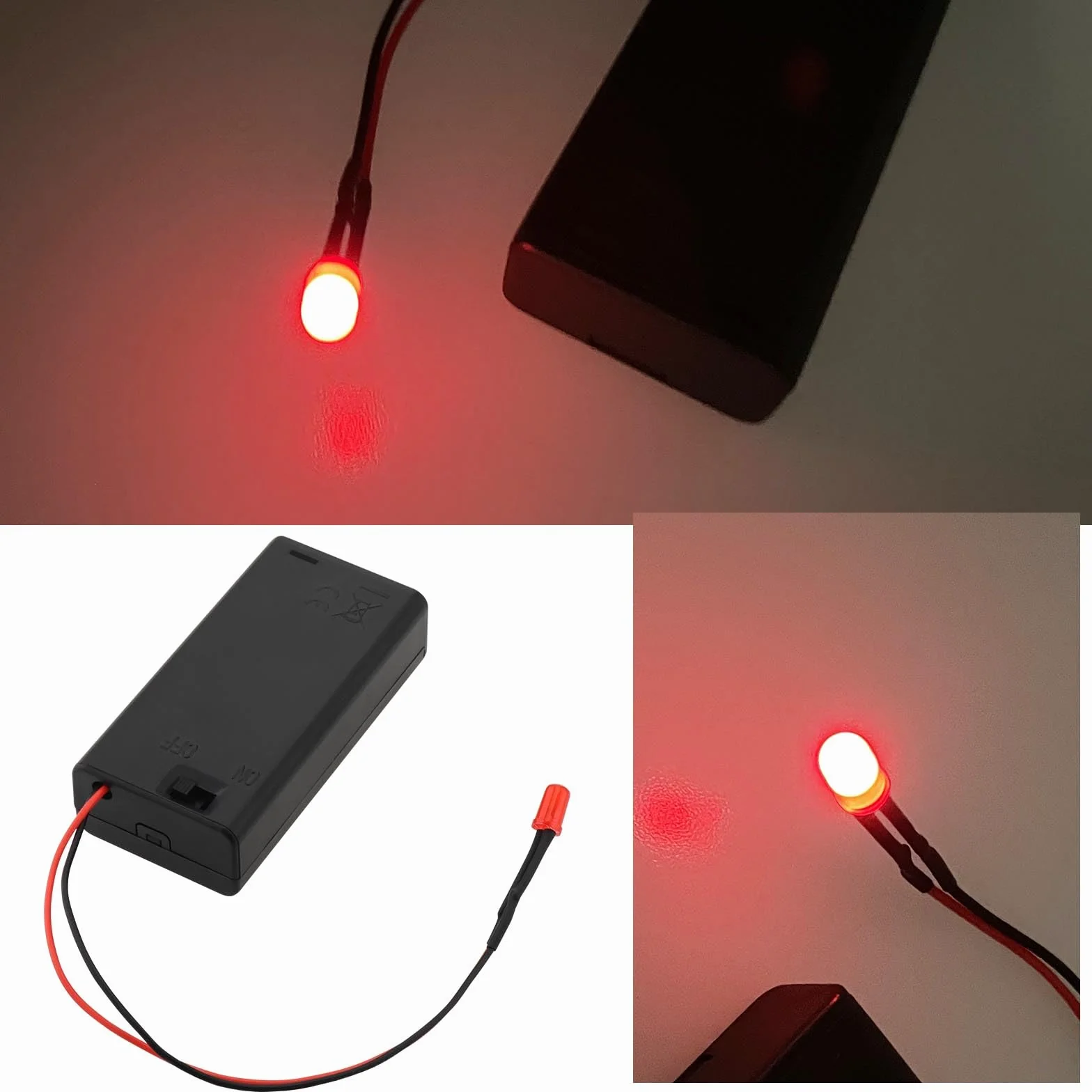 Zestaw 2 fałszywych alarmów LED 5 mm czerwoną diodą LED z okablowanym uchwytem na baterie AA