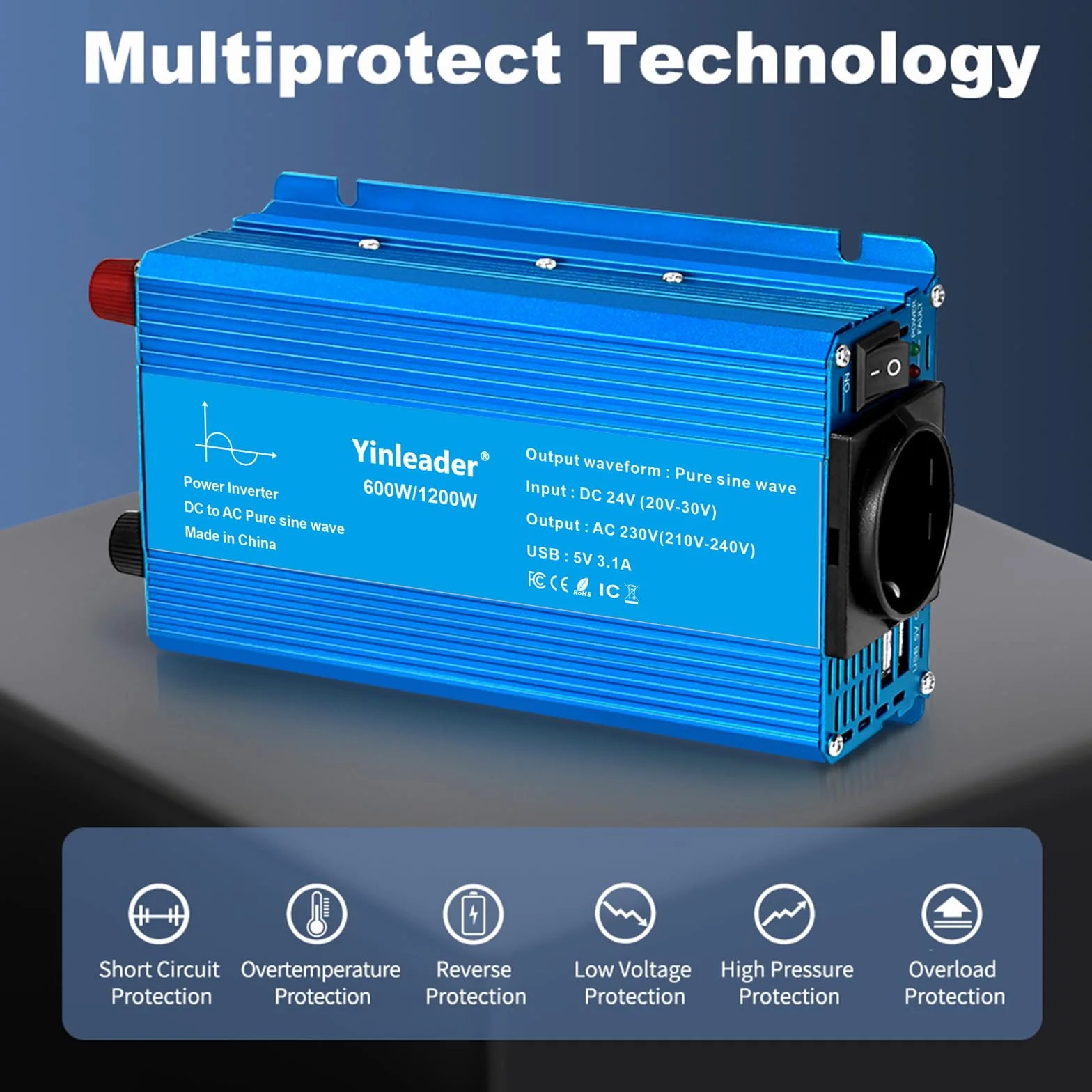 Yinleader 24 V na 230 V, 600 W/1200 W, czysty falownik sinusoidalny, przetwornica napięcia do samochodów ciężarowych i przyczep kempingowych, z podwójnym USB i gniazdkiem, kompaktowy przetwornik prądu