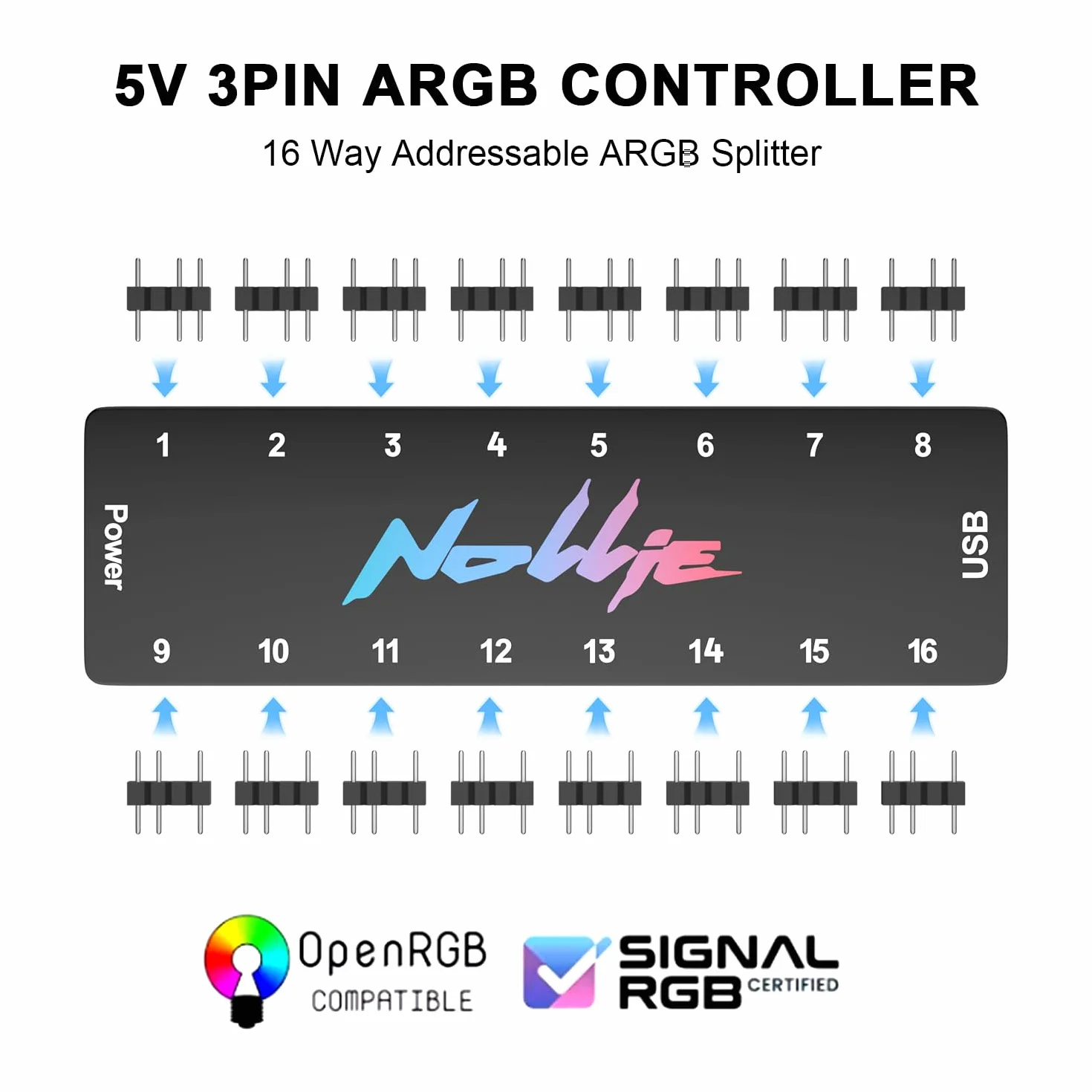 Iesooy Nollie 16 ARGB kontroler koncentrator wentylatora 5 V 3-pinowy 16-portowy interfejs ARGB obsługa sygnału RGB OpenRGB