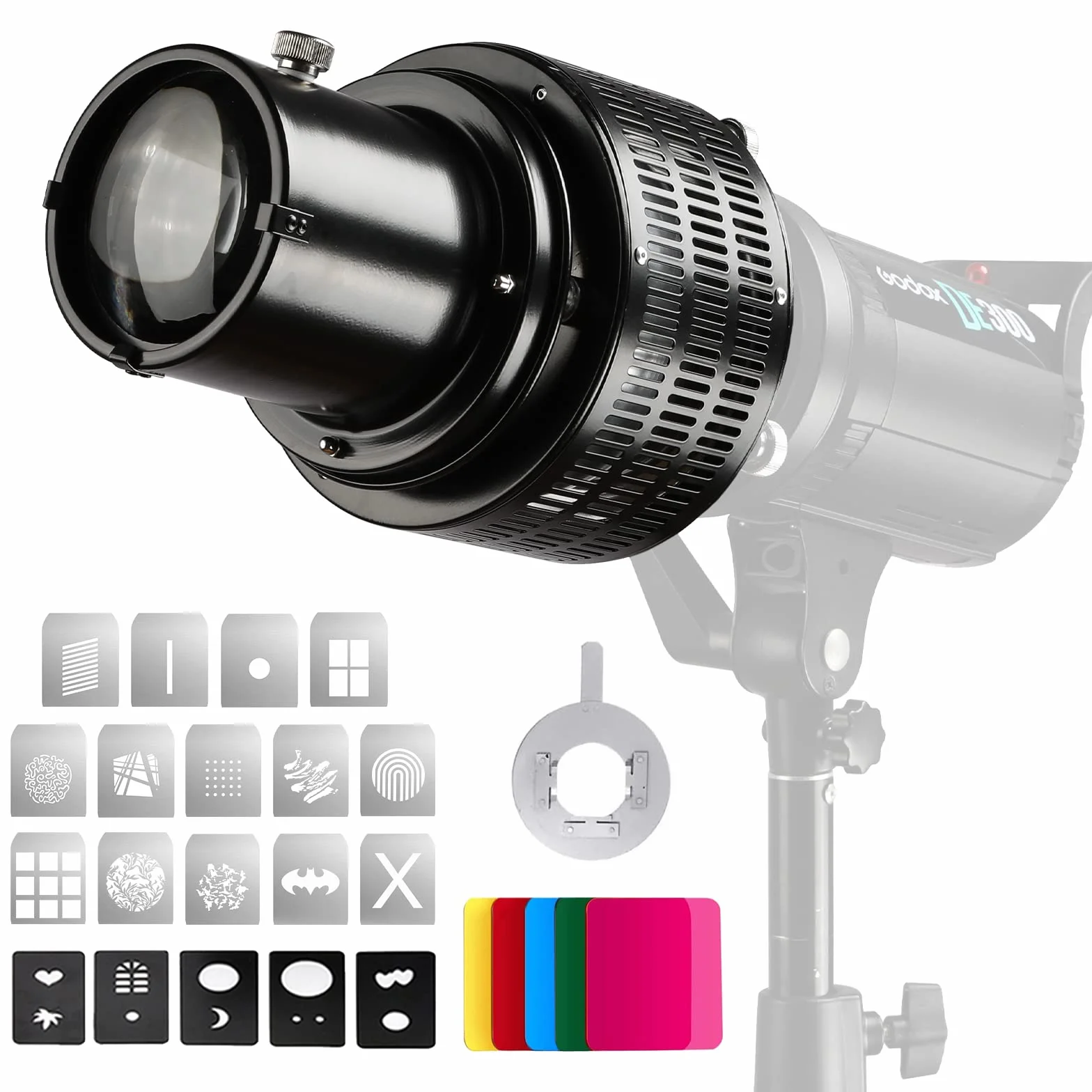 Soonpho Optyczny stożkowy Snoot z uchwytem Bowens do fotografii, stop aluminium, projektor GOBO Bowens z 5 filtrami kolorowymi i 19 gobo, do oświetlenia LED Monolight Spotlight, lampa błyskowa