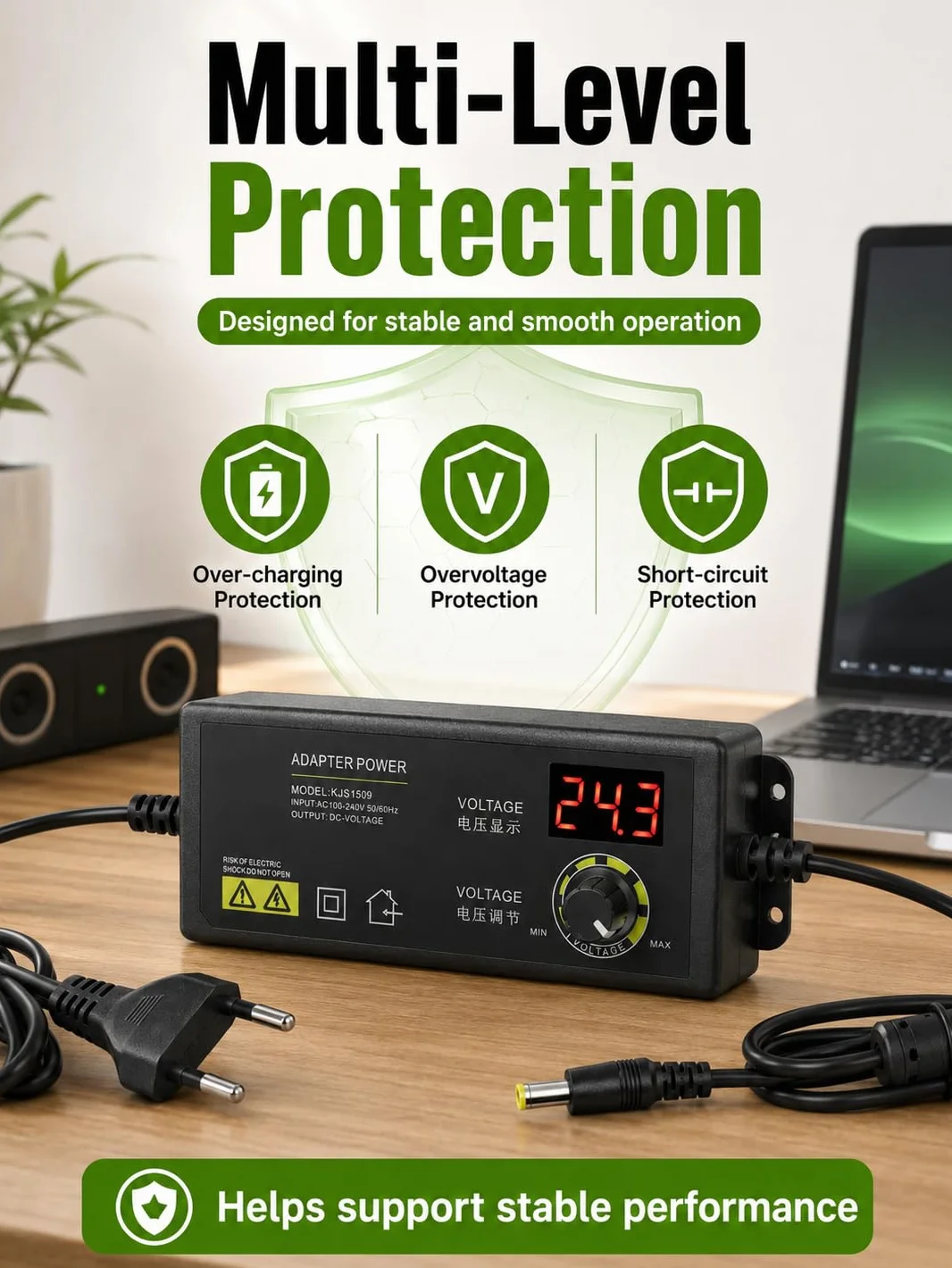 VOBOR Uniwersalny zasilacz AC 100-240 V, 3-36 V, regulowany, 1,7 A wyjście antyzakłócające do monitora LCD, listwy świetlnej LED, silnika