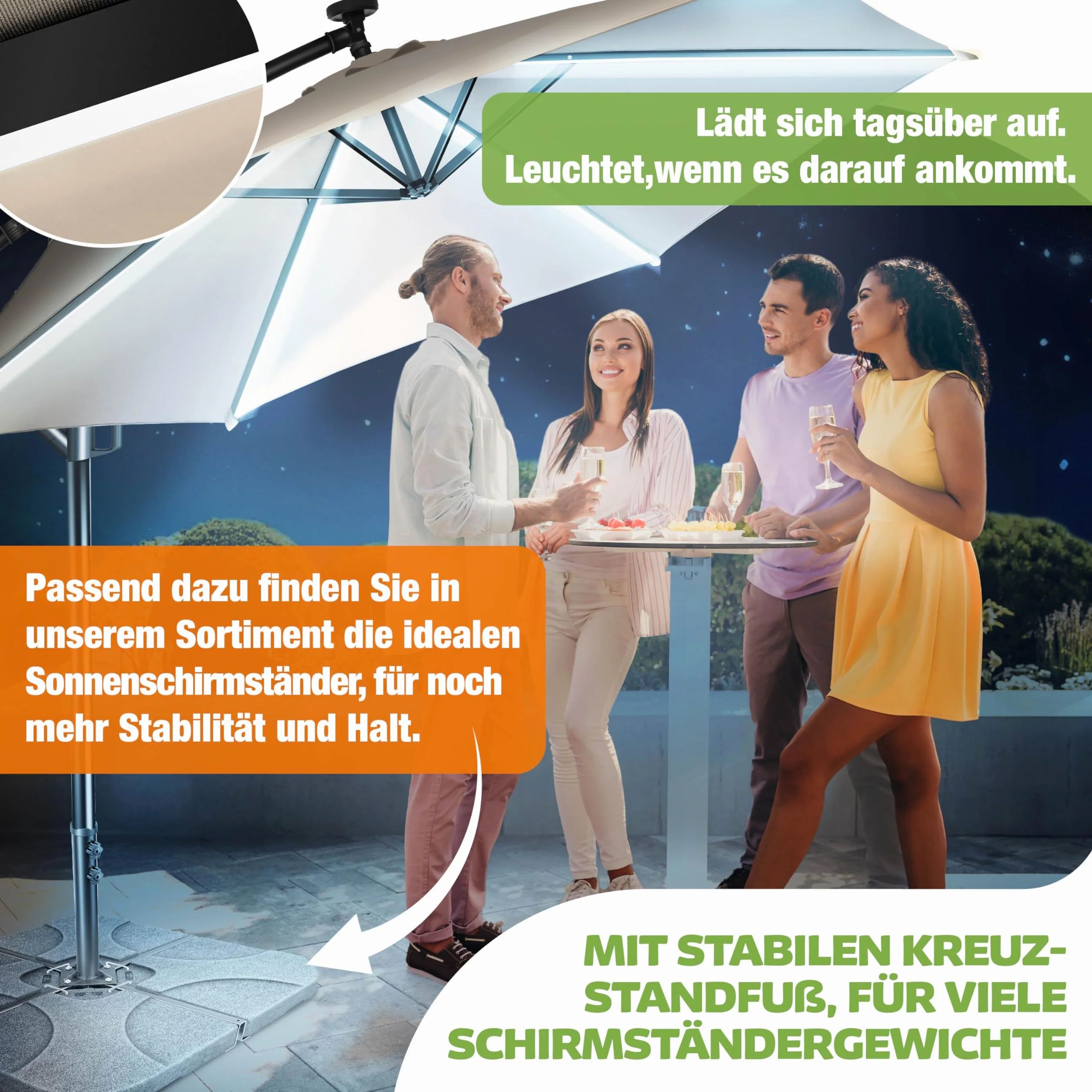 KESSER® Aluminiowy parasol przeciwsłoneczny LED solarny z pokrywą, pilot zdalnego sterowania i korbą, parasol korbowy ze stojakiem, funkcja 360°, ochrona przed promieniowaniem UV, aluminium, odporny