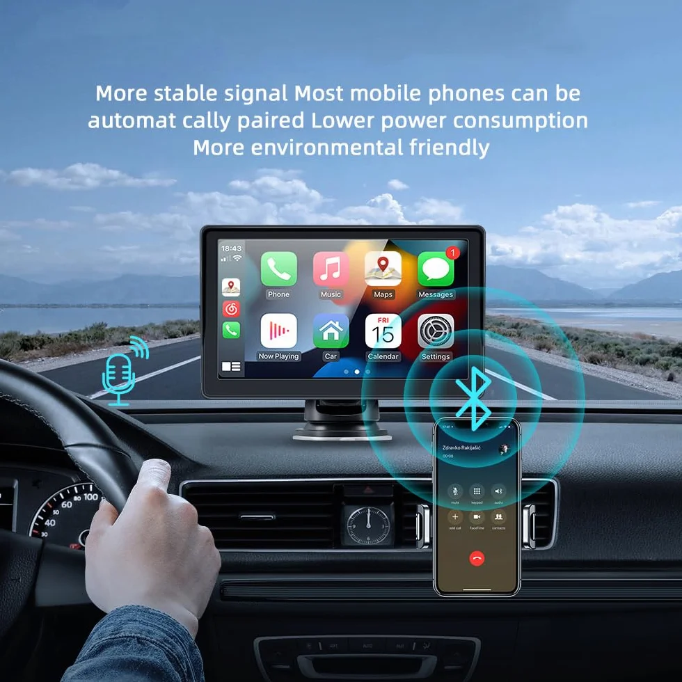 sunweyer Sunweyer Bezprzewodowy ekran samochodowy Carplay i Android, przenośne radio samochodowe, ekran dotykowy IPS 7", obsługa kamery cofania 1080p i nadajnik Bluetooth/AUX/FM