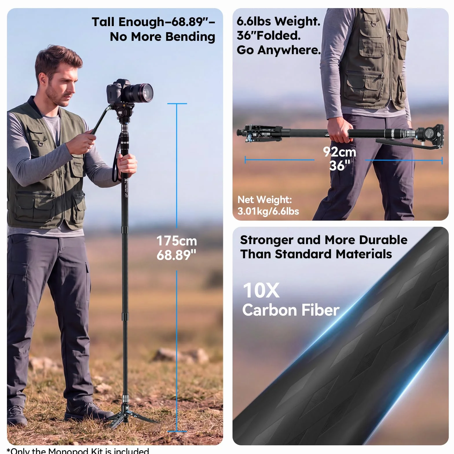 SIRUI Monopod wideo z włókna węglowego do aparatu, monopod 3 w 1 do głowicy płynu, maksymalna wysokość 165 cm, nośność 6 kg, głowica płynu do DJI RS i MFT 501