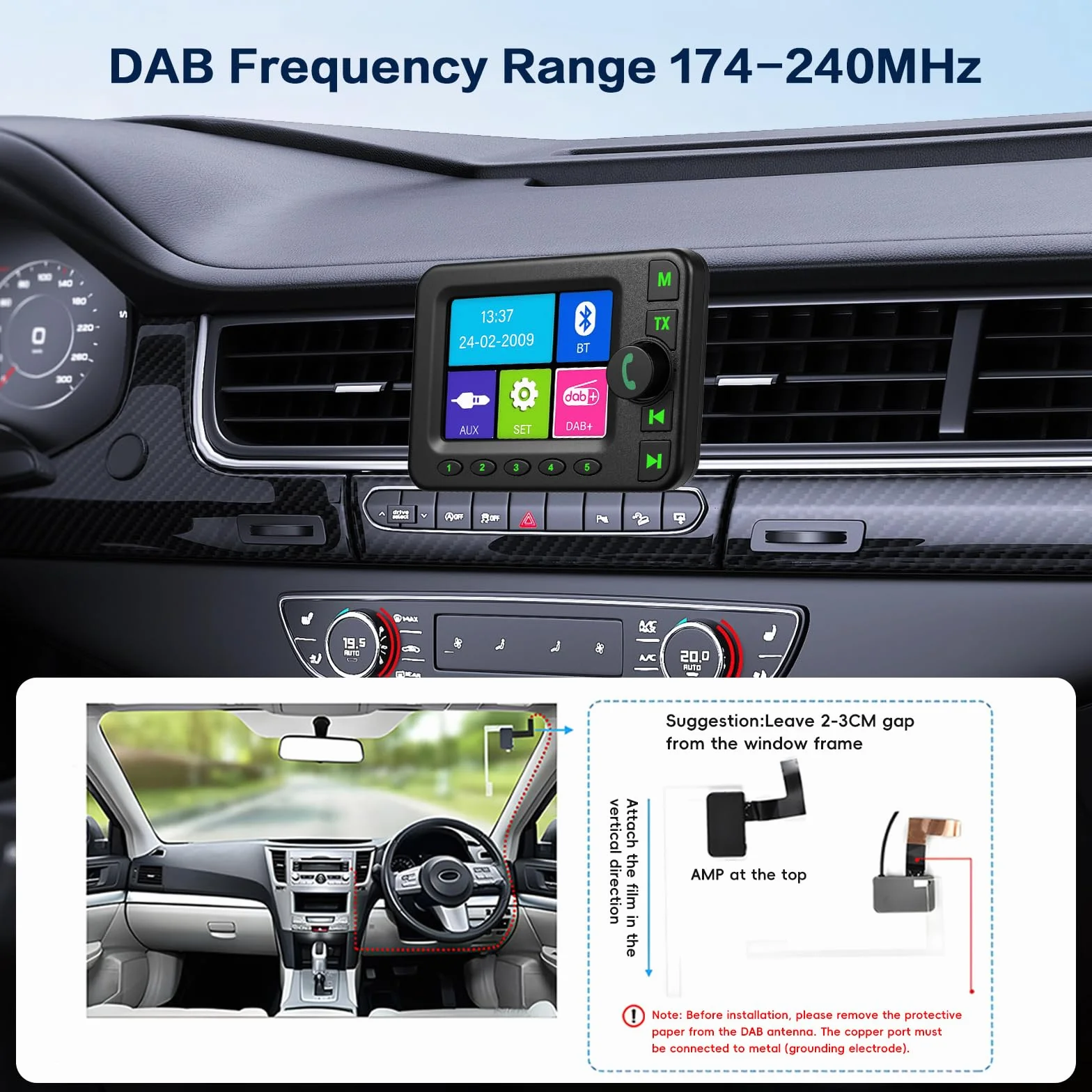 Inefala DAB+ adapter do radia samochodowego, kolorowy ekran LCD 2,8 cala z zestawem głośnomówiącym Bluetooth, nadajnik Dab, nadajnik FM, wejście AUX, odtwarzanie muzyki z kart TF, ładowarka