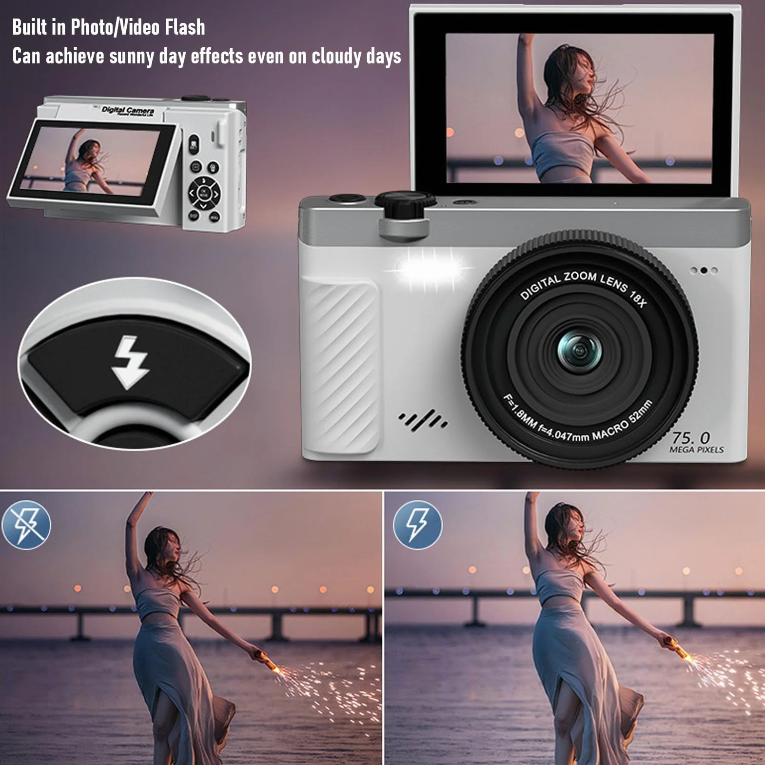 Cryfokt Cyfrowy Aparat Fotograficzny 4K do Fotografii, 4K 75 MP z 18-krotnym Zoomem WiFi Bezlusterkowy Zoom Cyfrowy Kompaktowe Aparaty Retro z 3,0-calowym Flip-screenem Funkcja (WHITE)