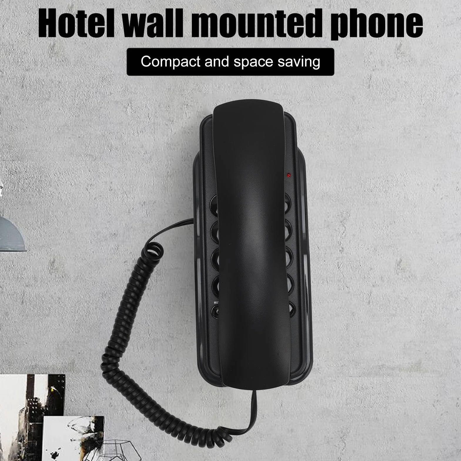 Annadue Telefon ścienny do biur hotelowych, przewodowy, z regulacją głośności, sygnałem dzwonka i ponownym wybieraniem (czarny)