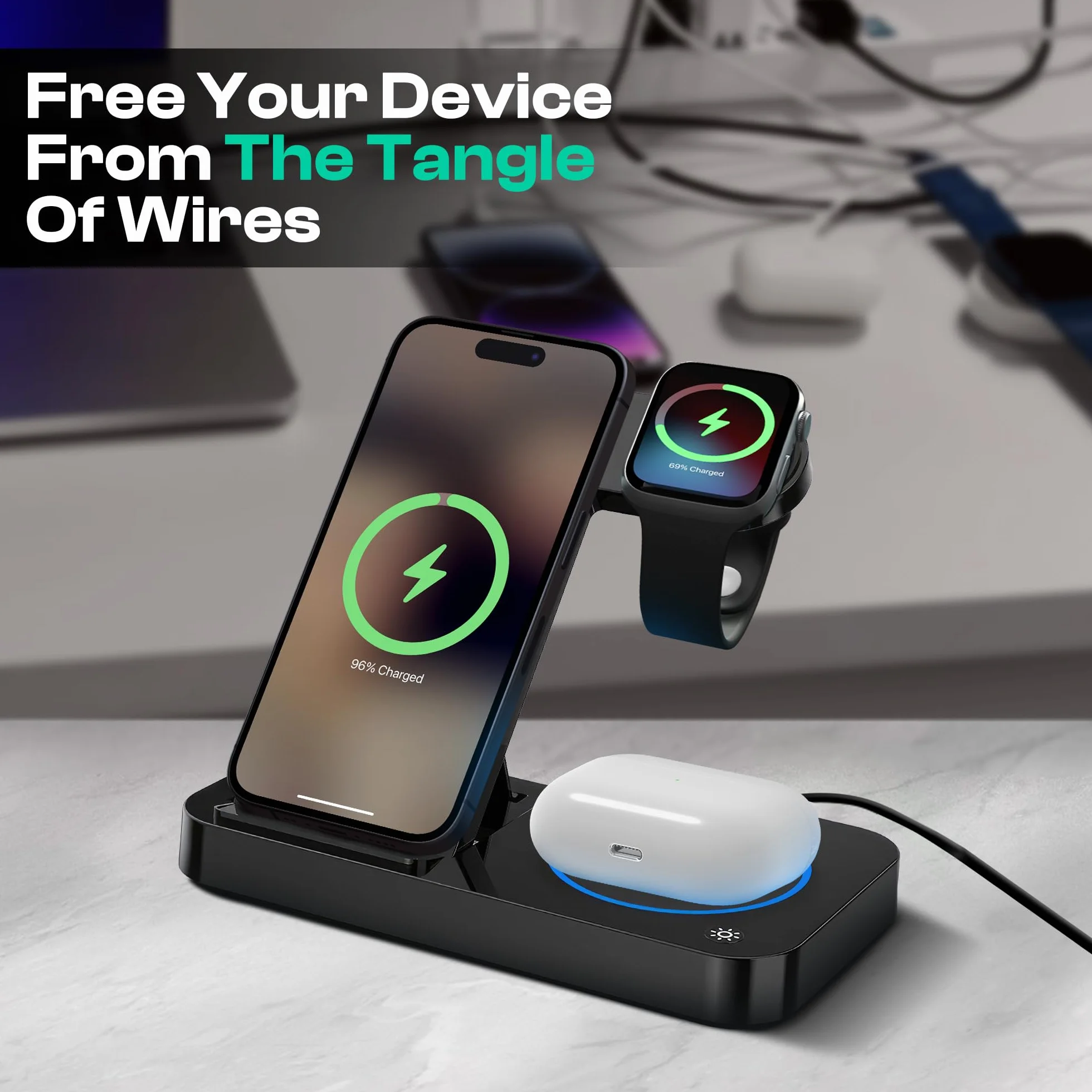 Bezprzewodowa stacja ładująca 4 w 1 do iPhone'a, Apple Watch i AirPods – bezprzewodowa ładowarka do iPhone'a serii 16/15/14/13/12 - Apple iWatch serii 7/9/8 z dodatkowym portem USB i składaną