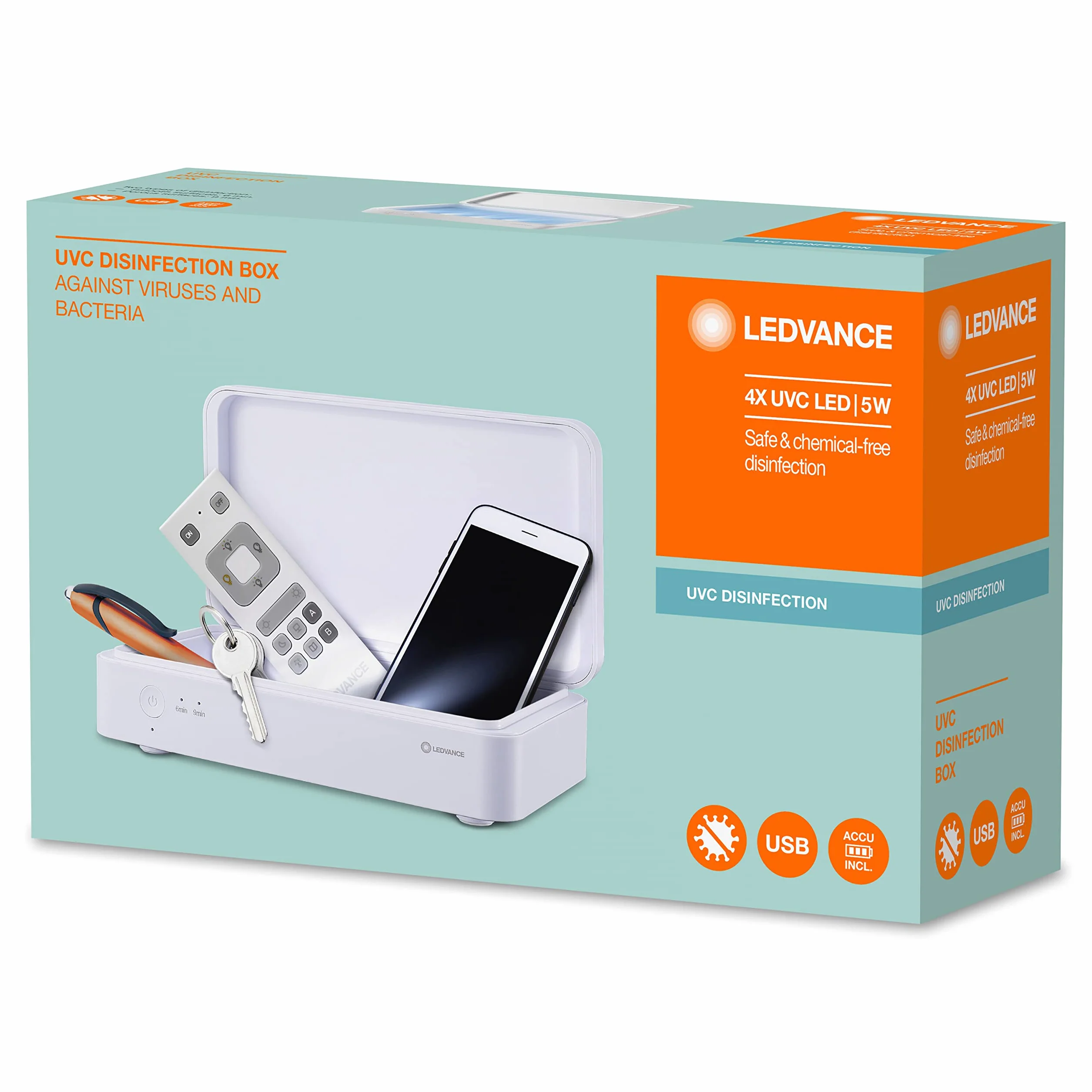 LEDVANCE Oprawa oświetleniowa: UVC LED STERILIZATION BOX / 5 W, 5 V, kąt rozsyłu światła: 120°, materiał: acrylonitrile butadiene styrene (abs), IP20