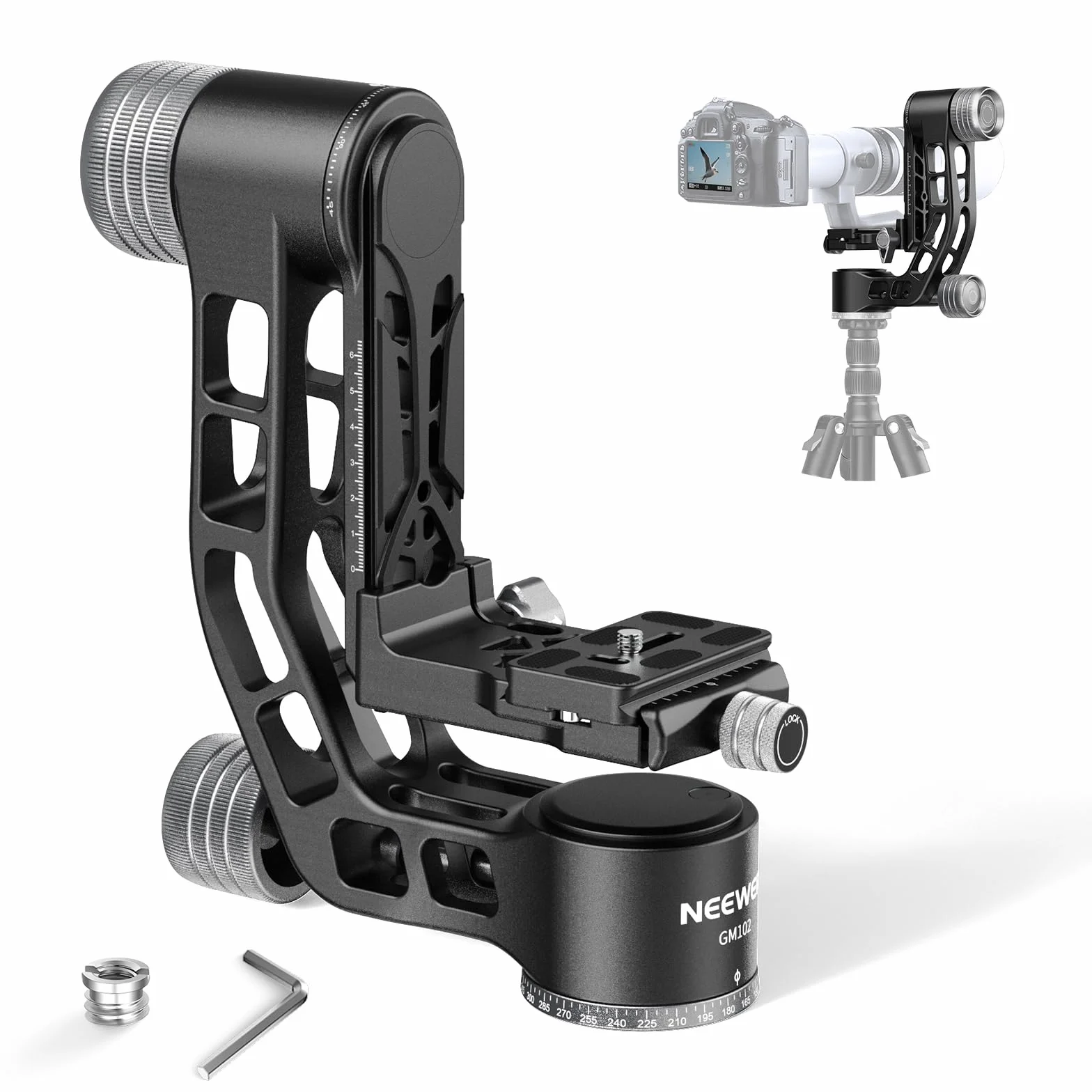 NEEWER GM102 Głowica gimbalowa do statywu monopod teleobiektywu, panoramiczna głowica statywu 360°, regulacja 3-osiowa, wytrzymały stop aluminium CNC, system szybkiego uwalniania typu Arca, maksymalne