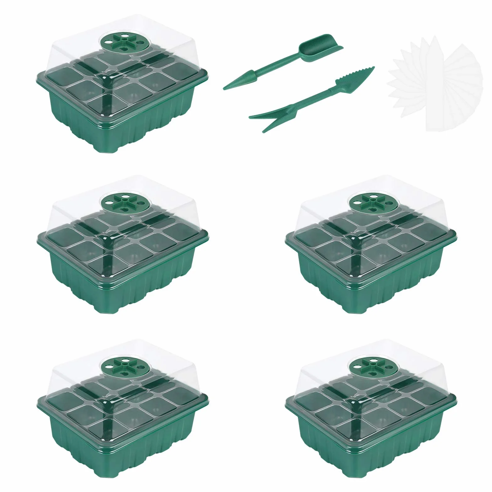 Flintronic 5 szt. Tace na nasiona, 12 ogniw taca startowa do nasion, plastikowe tace do uprawy z pokrywkami, doniczki do uprawy w pomieszczeniach, doniczka do przedszkola do wysiewu kiełkowania roślin