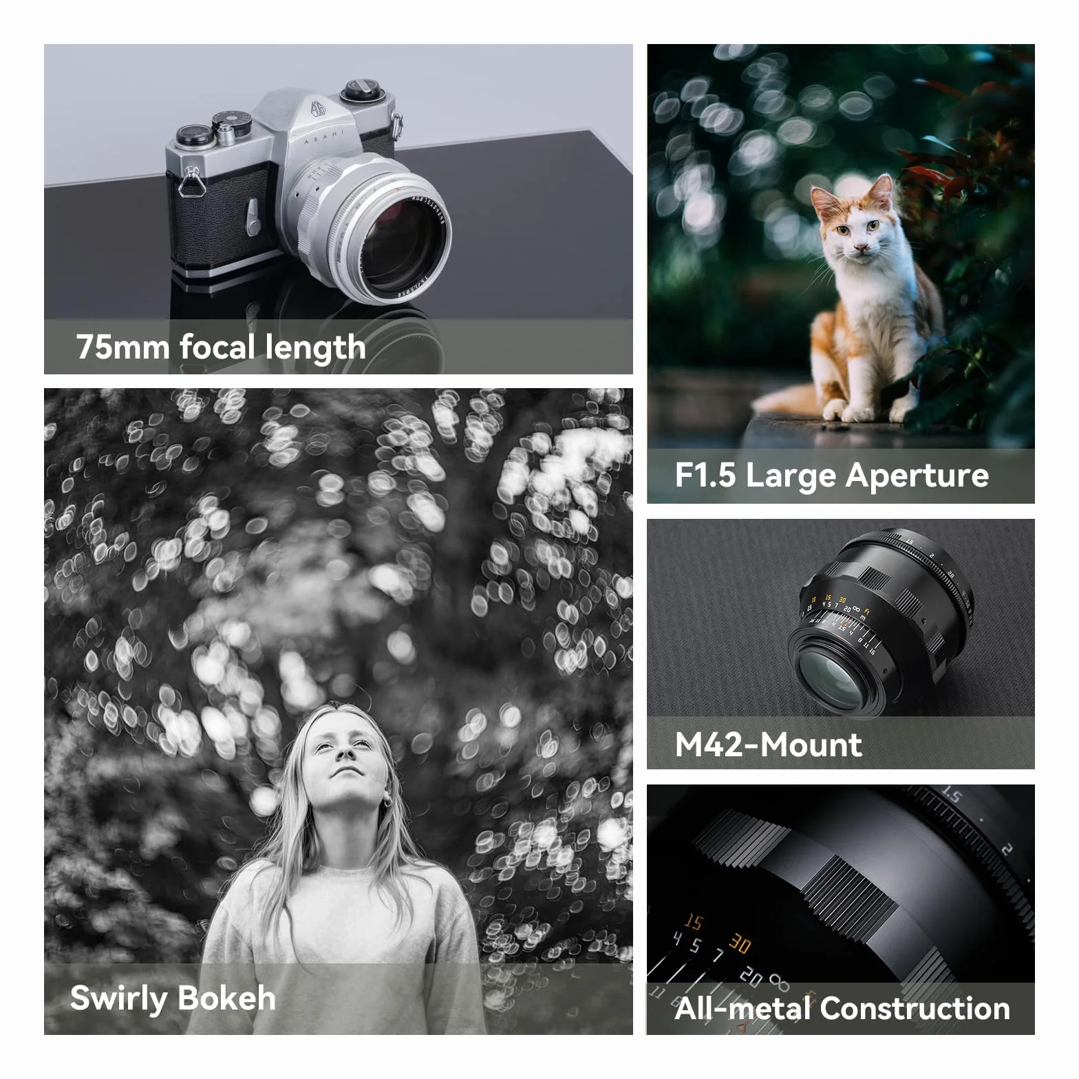 TTARTISAN Obiektyw 75 mm F1,5 do M42 Mount Swirly Bokeh pełny format ręczna ostrość obiektyw Prime do aparatów śrubowych