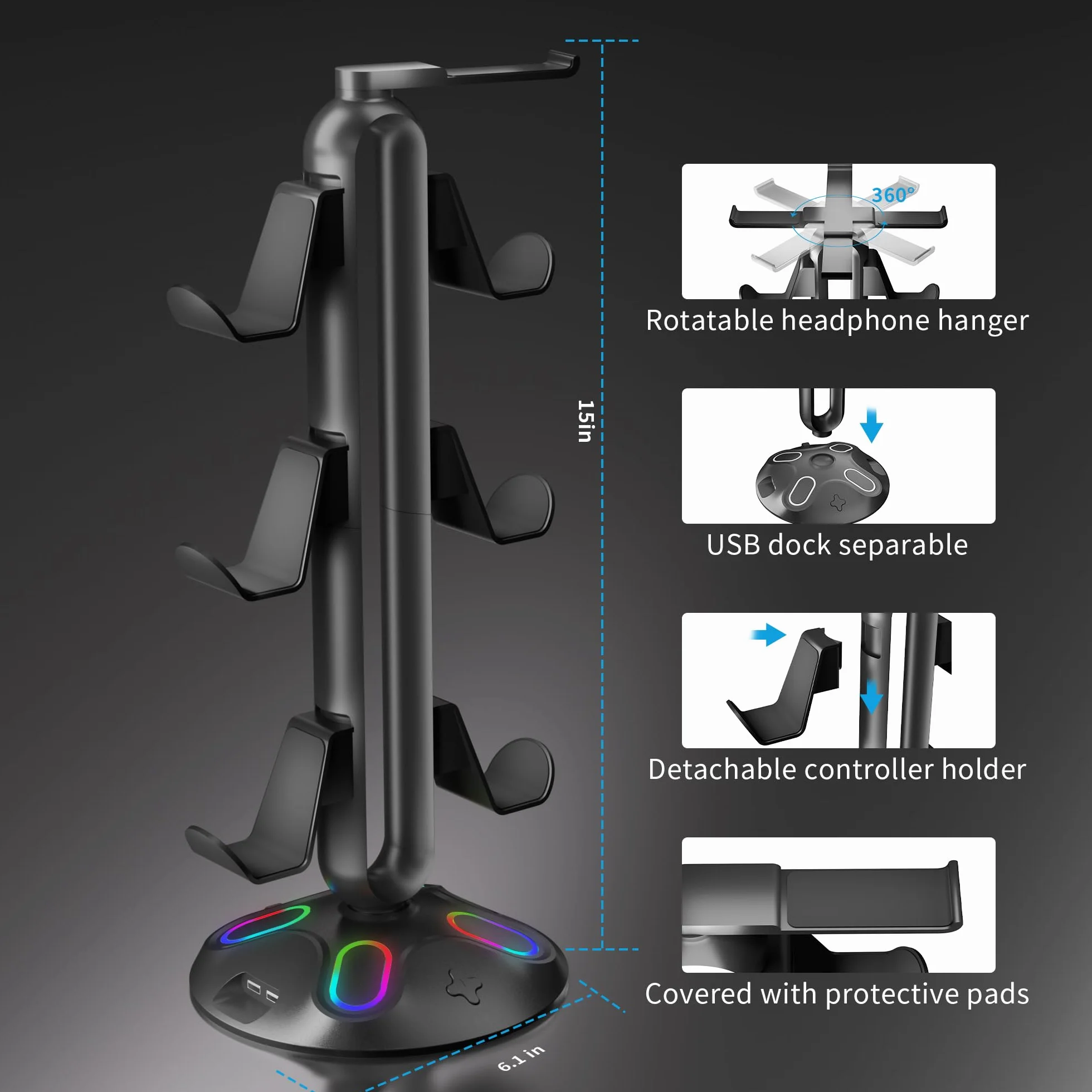 Uchwyt na słuchawki do gier RGB, uchwyt na kontroler Canmarin z 9 trybami oświetlenia - uchwyt na słuchawki z 2 portami ładowania USB i 3,5 mm oraz typ-C, akcesoria do zawieszenia dla biurków i graczy