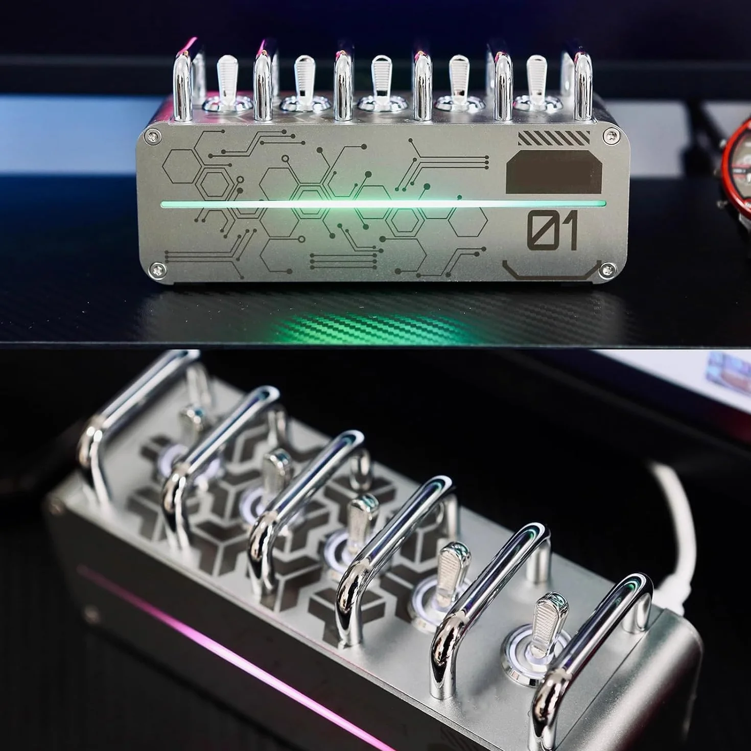 Przenośna listwa zasilająca z koncentratorem USB i oświetleniem otoczenia, niezależny przełącznik, metalowa konstrukcja uchwytu do studia i pokoju gier